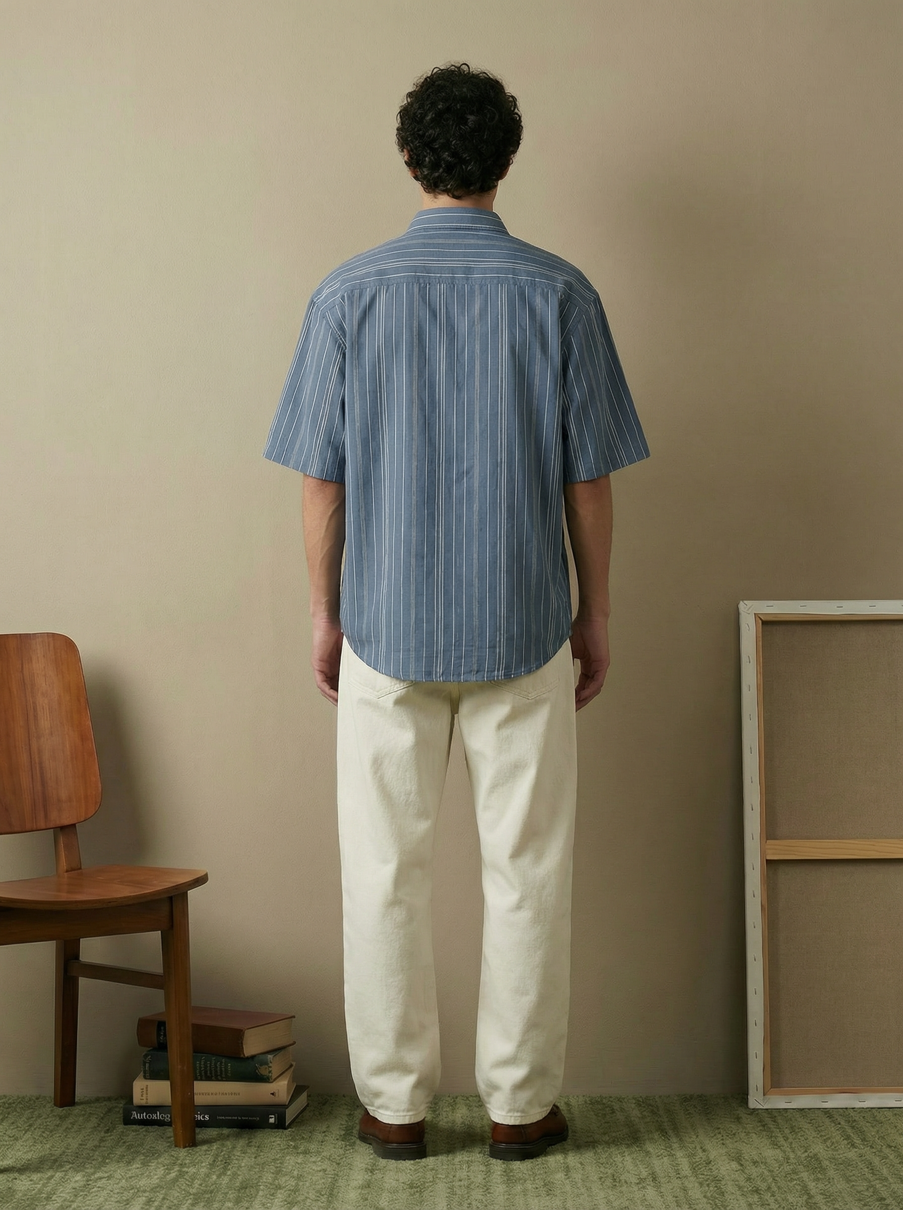 Blue Polyester Cotton Oversized Cuban-Collar Shirt