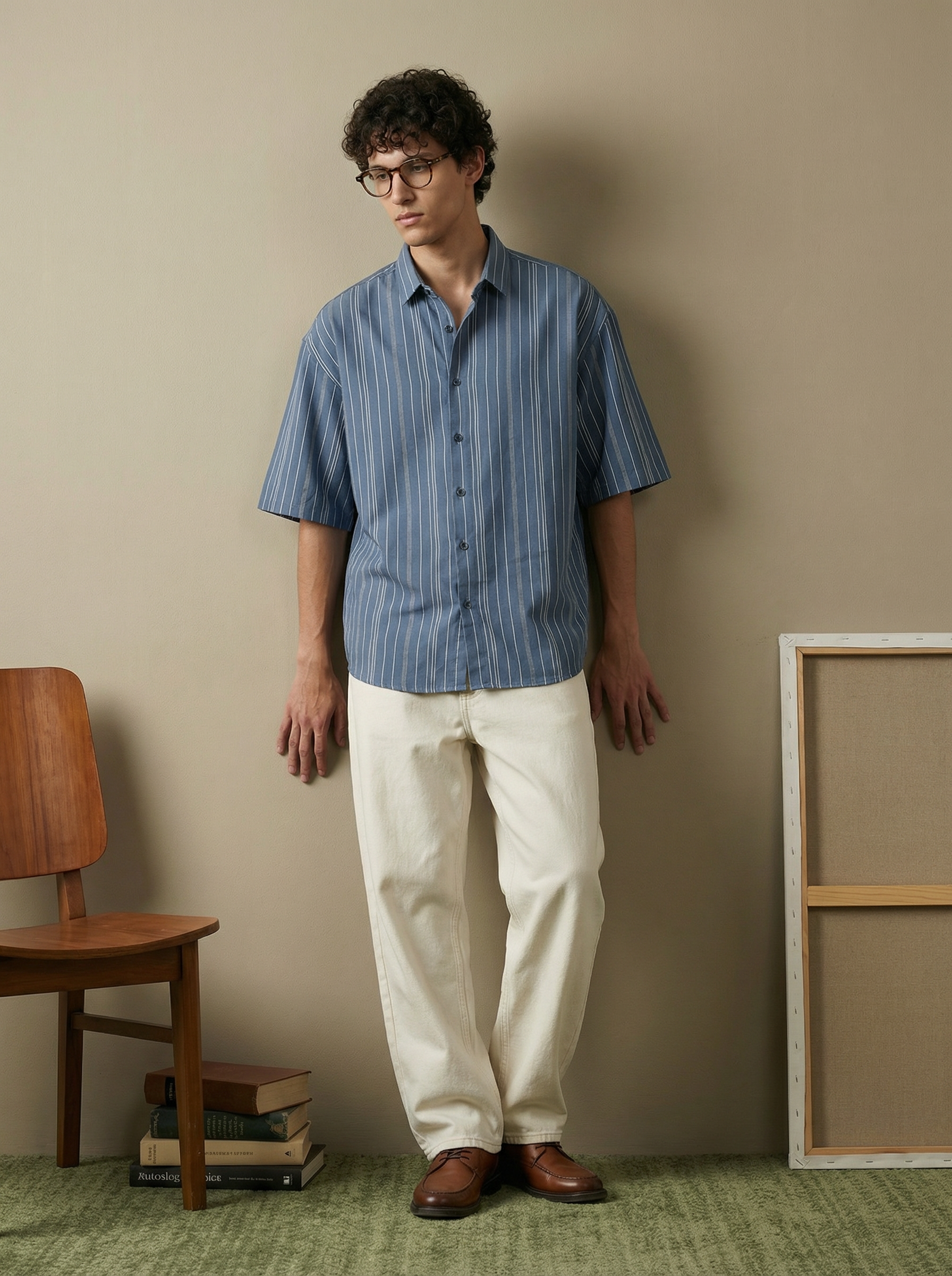 Blue Polyester Cotton Oversized Cuban-Collar Shirt