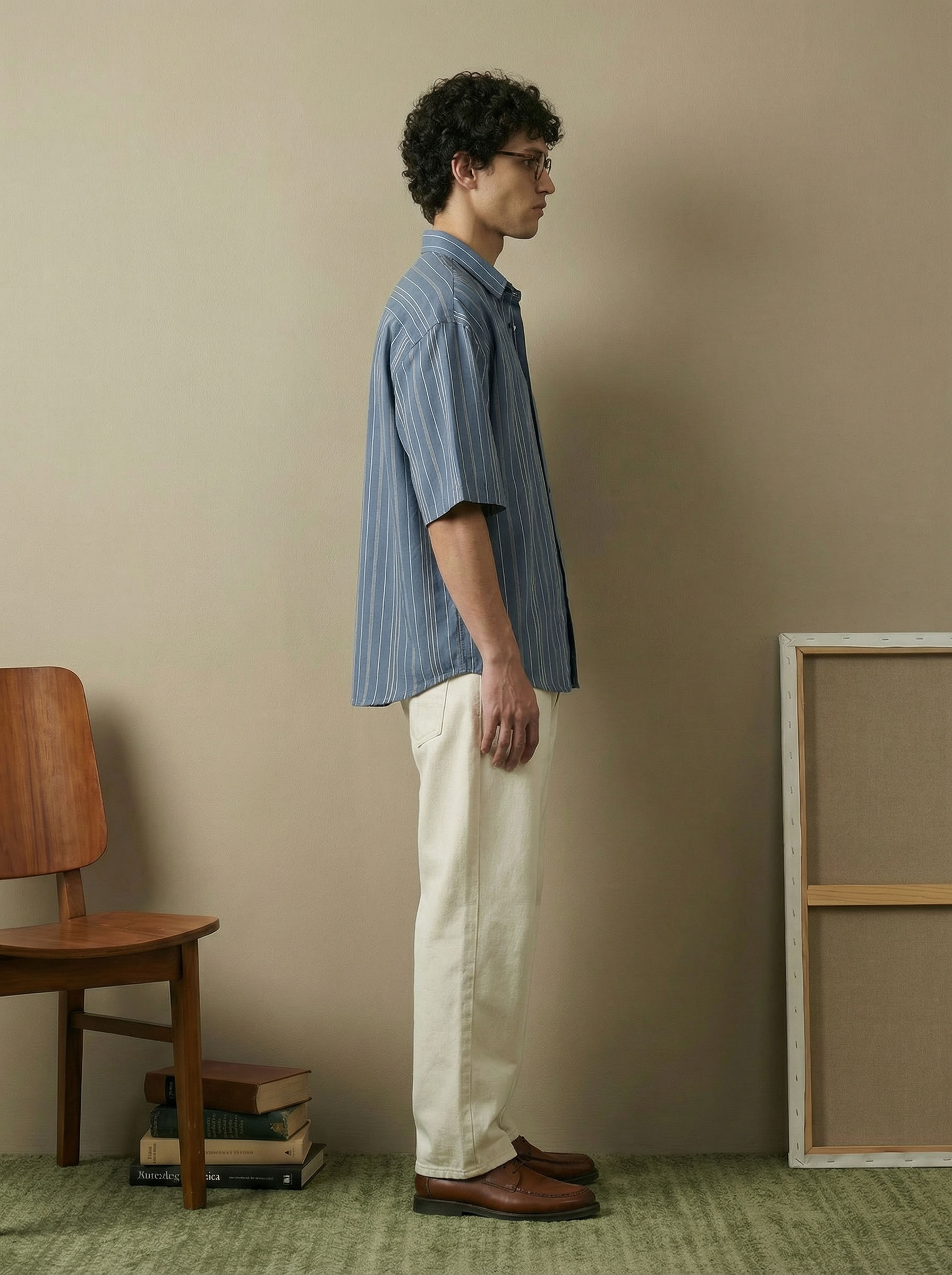 Blue Polyester Cotton Oversized Cuban-Collar Shirt