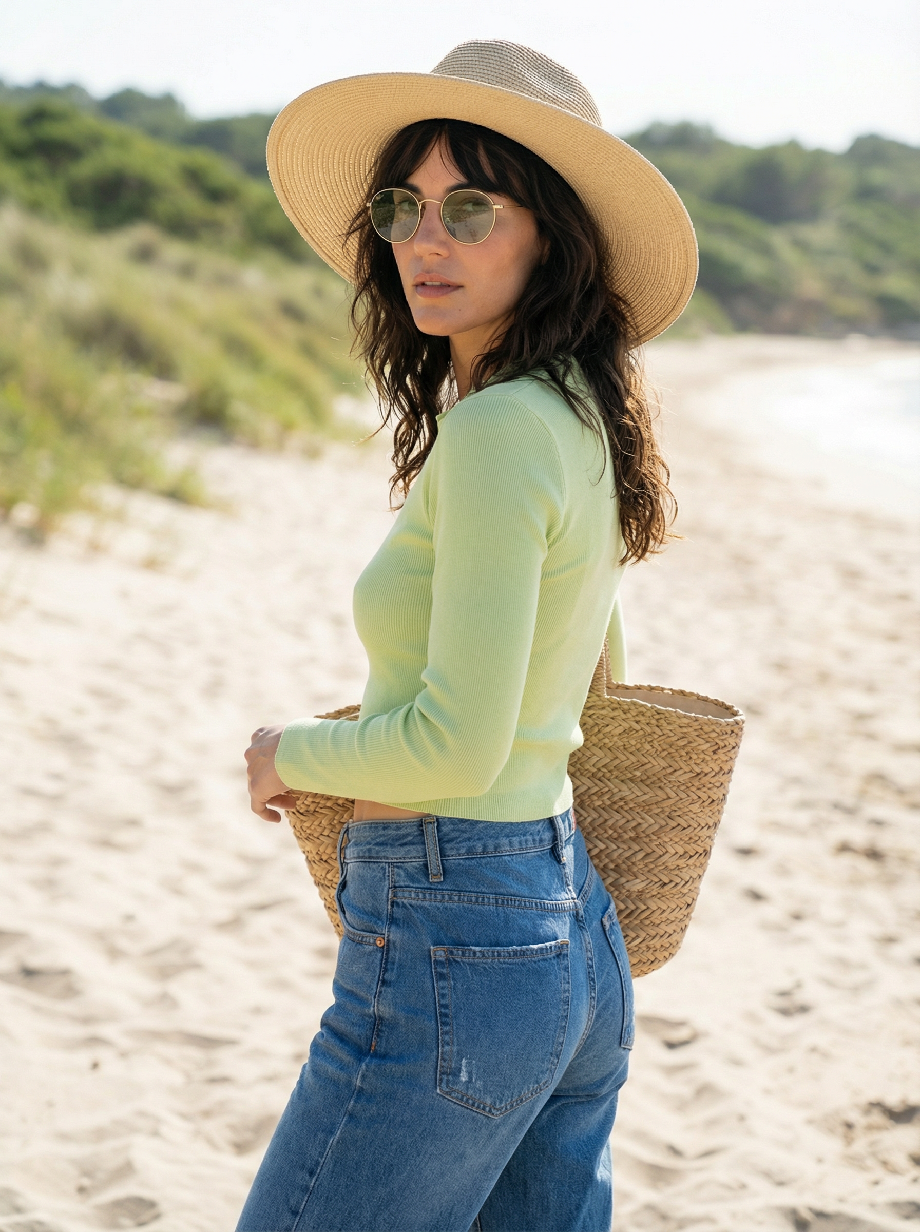 Green Ribbed Body Fit Collar With Split V- Neck Crop Top