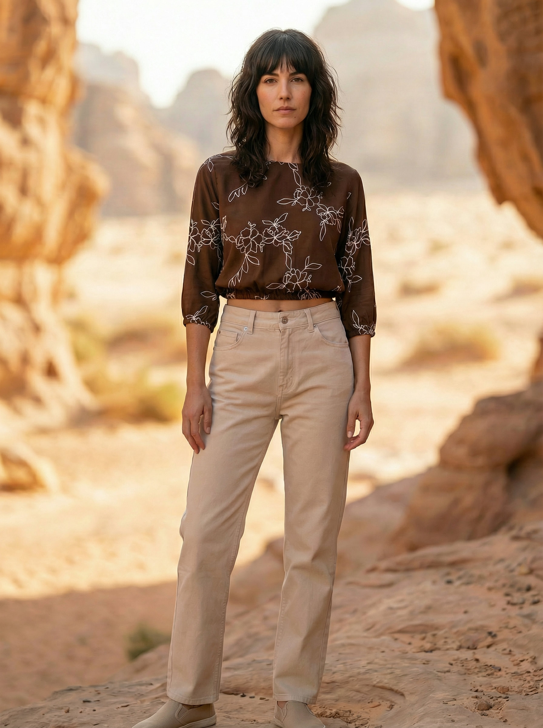 Women’s Brown Round Neck Three-Fourth Sleeve Top