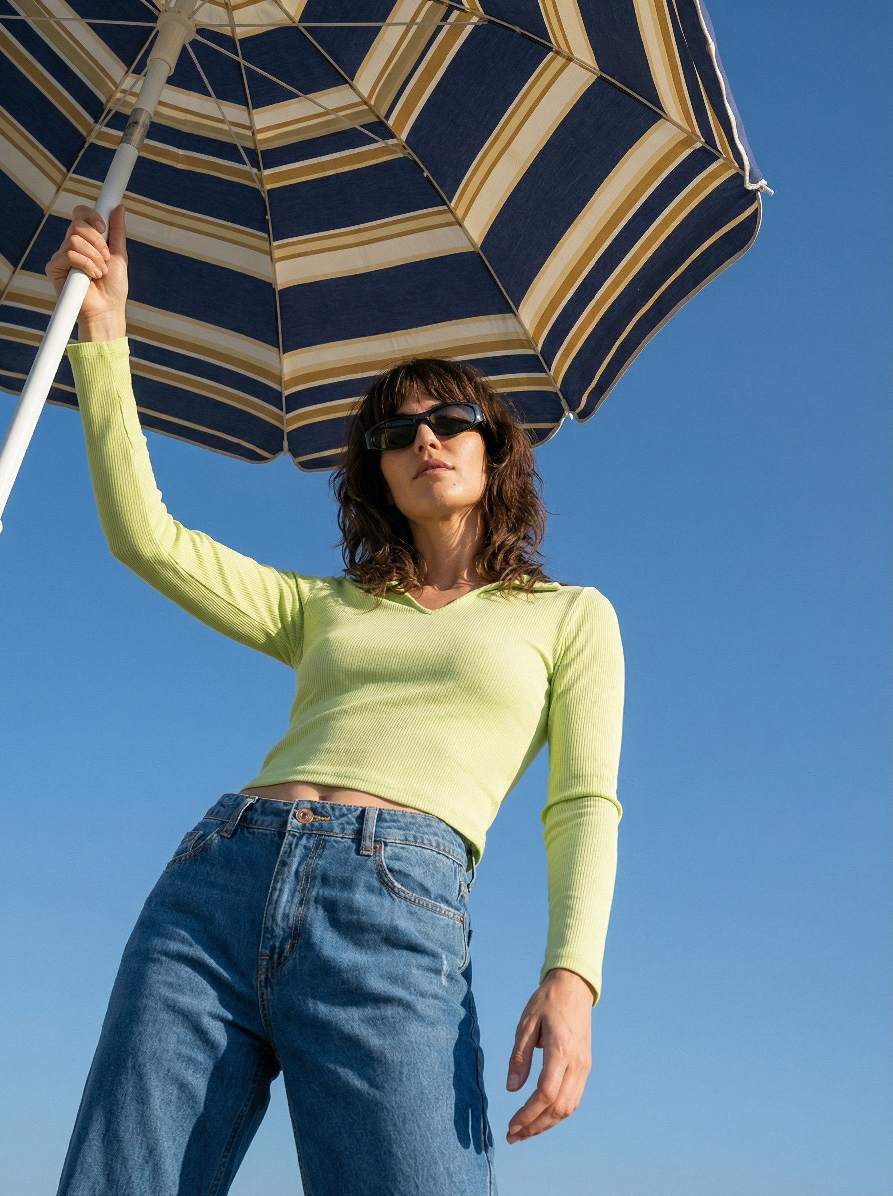 Green Ribbed Body Fit Collar With Split V- Neck Crop Top