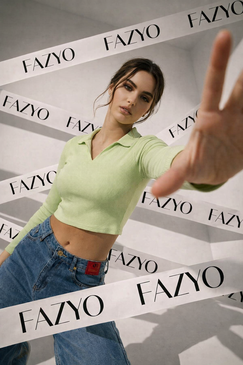 Green Ribbed Body Fit Collar With Split V- Neck Crop Top