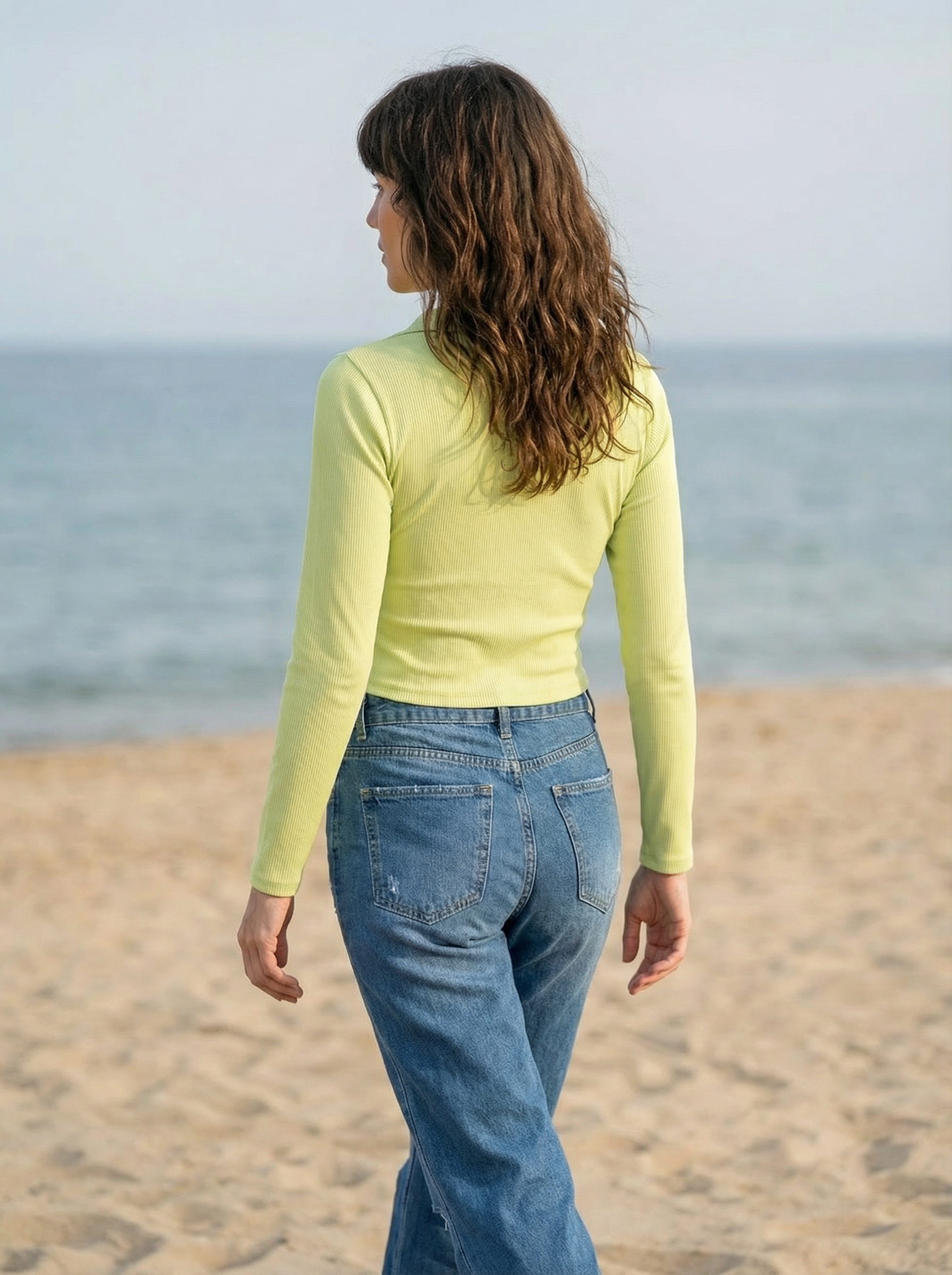 Green Ribbed Body Fit Collar With Split V- Neck Crop Top