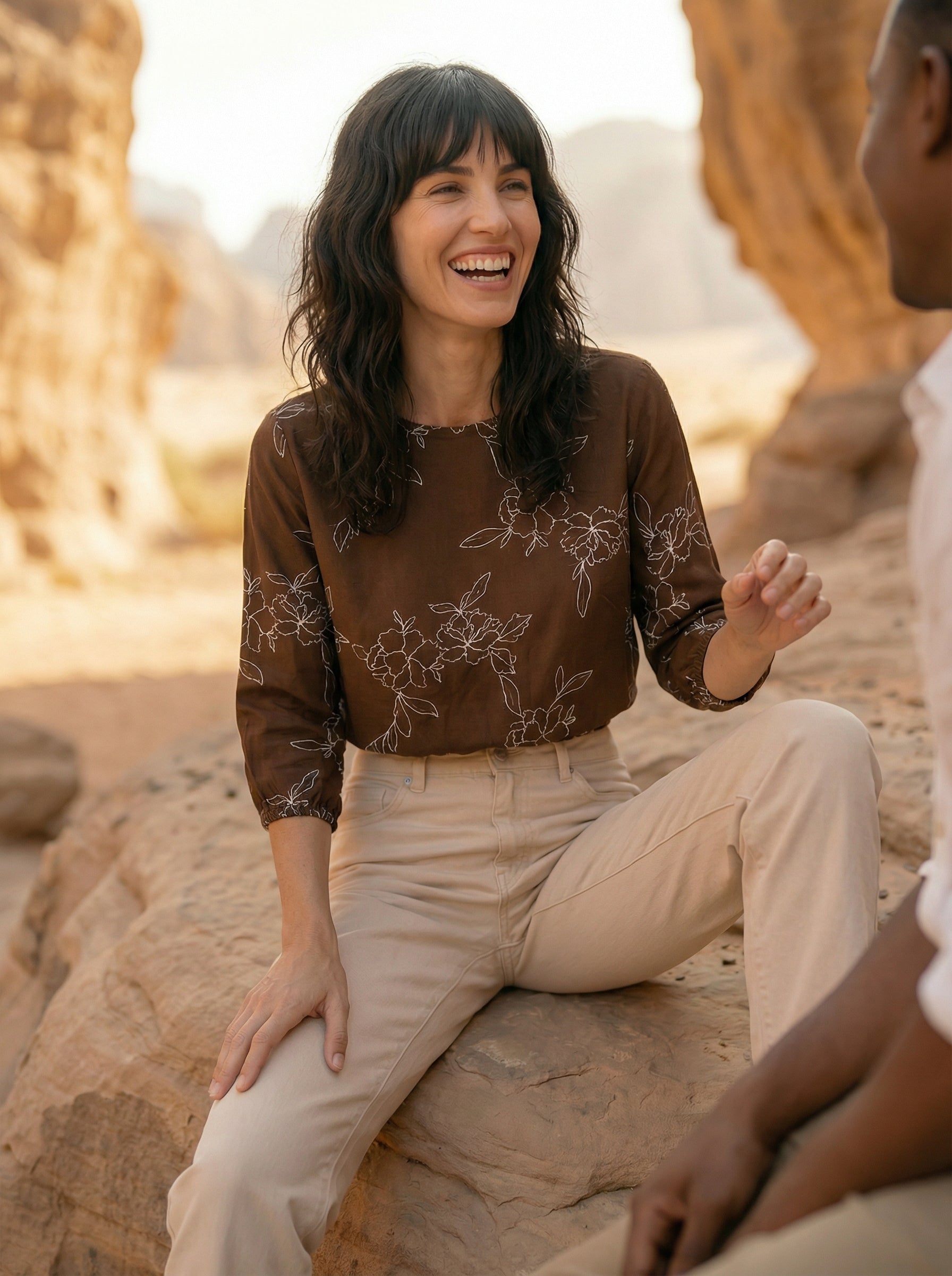 Women’s Brown Round Neck Three-Fourth Sleeve Top