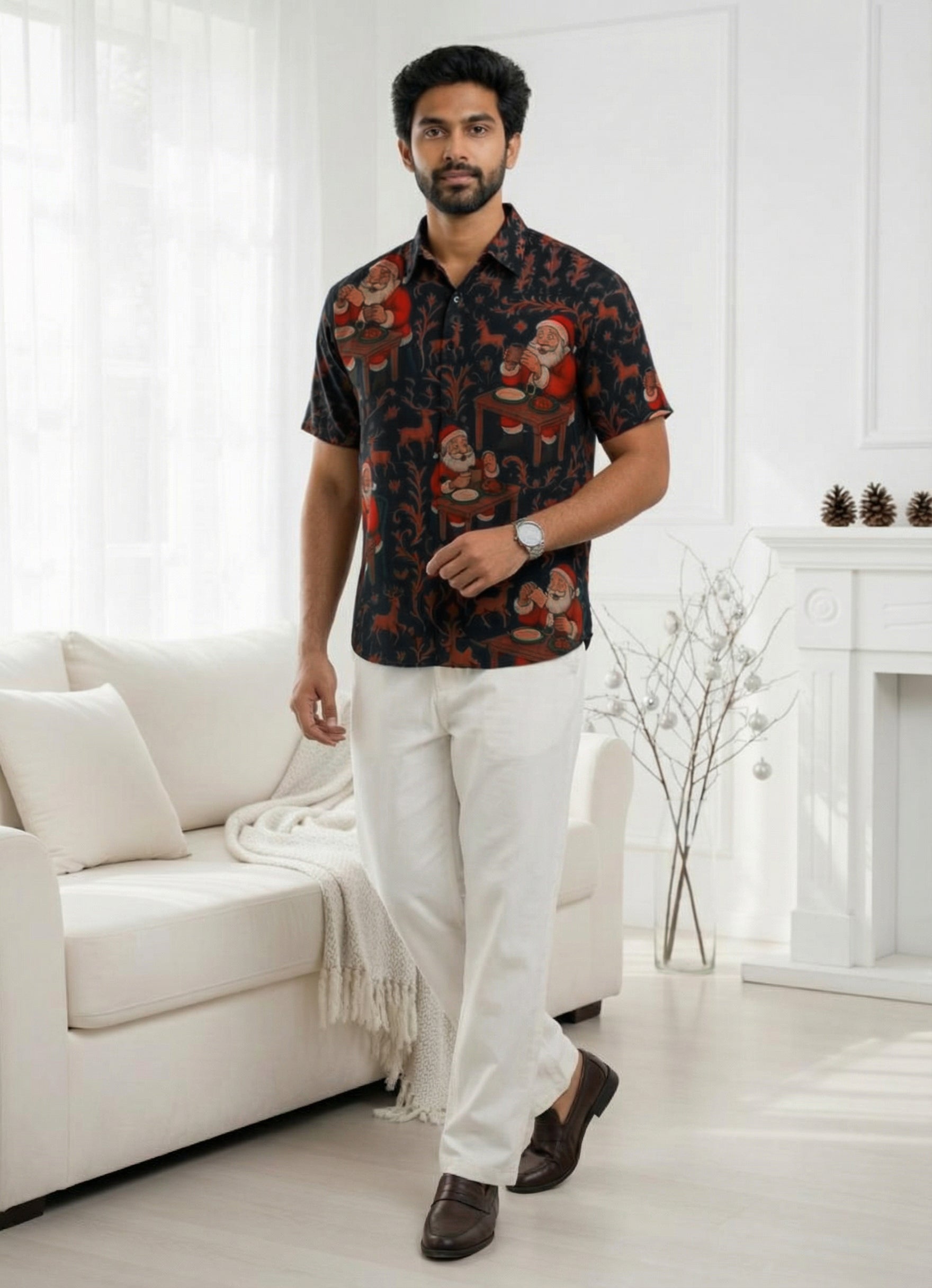 Festive Santa Print Short Sleeve Shirt