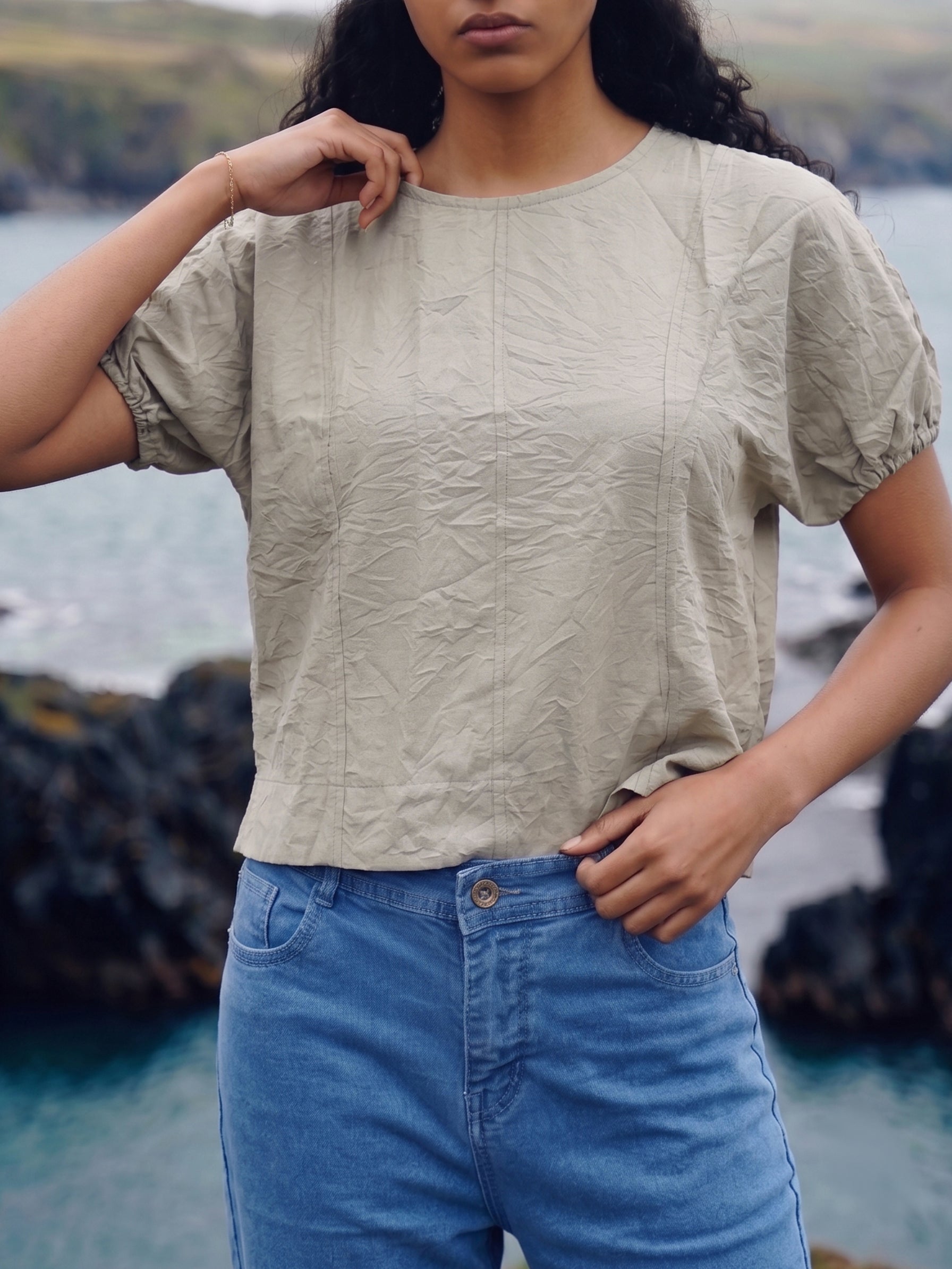 Women's Cotton Grey Round Neck PlainTop