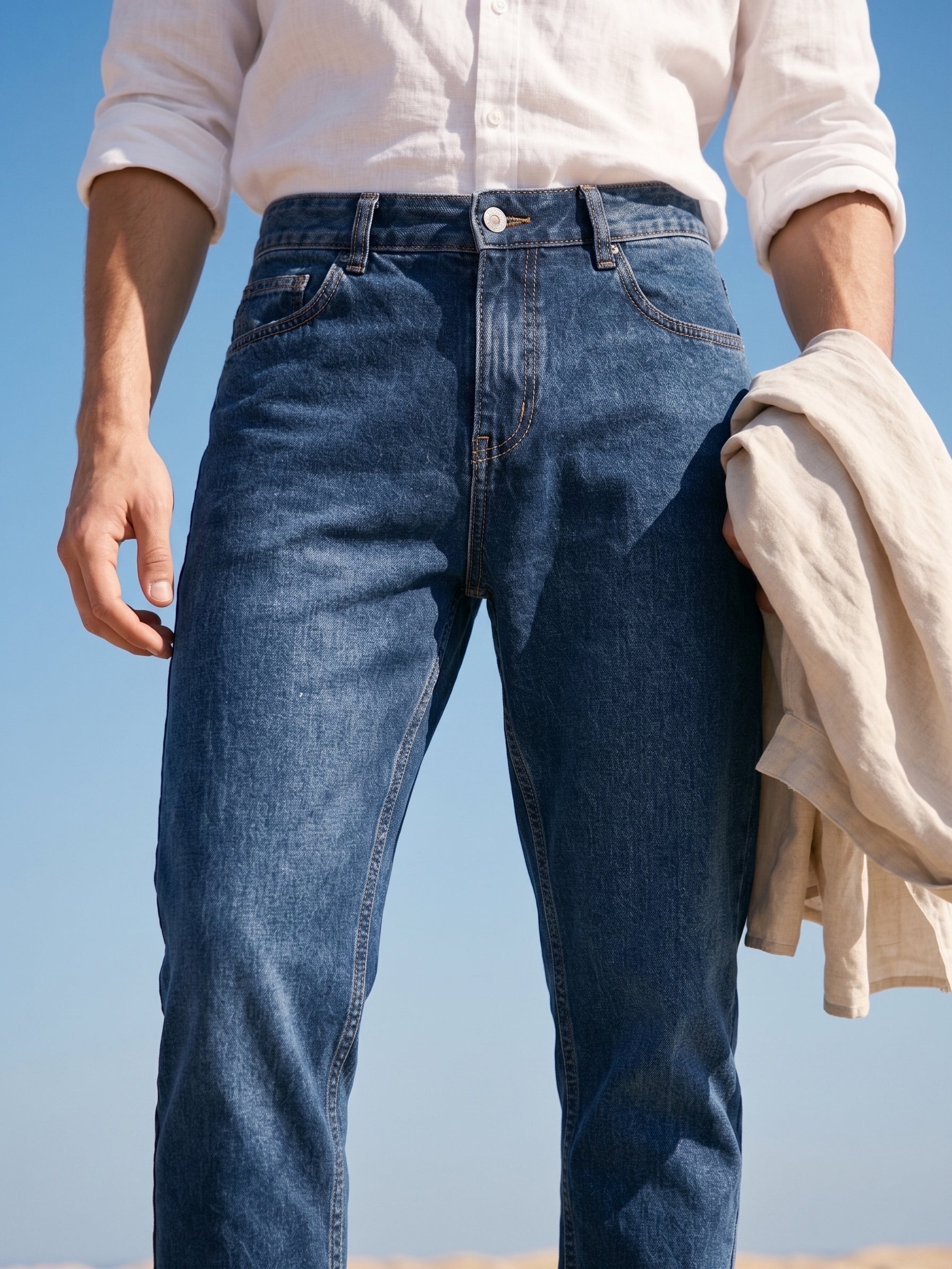 Men's Dark Blue Cotton Poly Elastane Cropped Fit Jeans