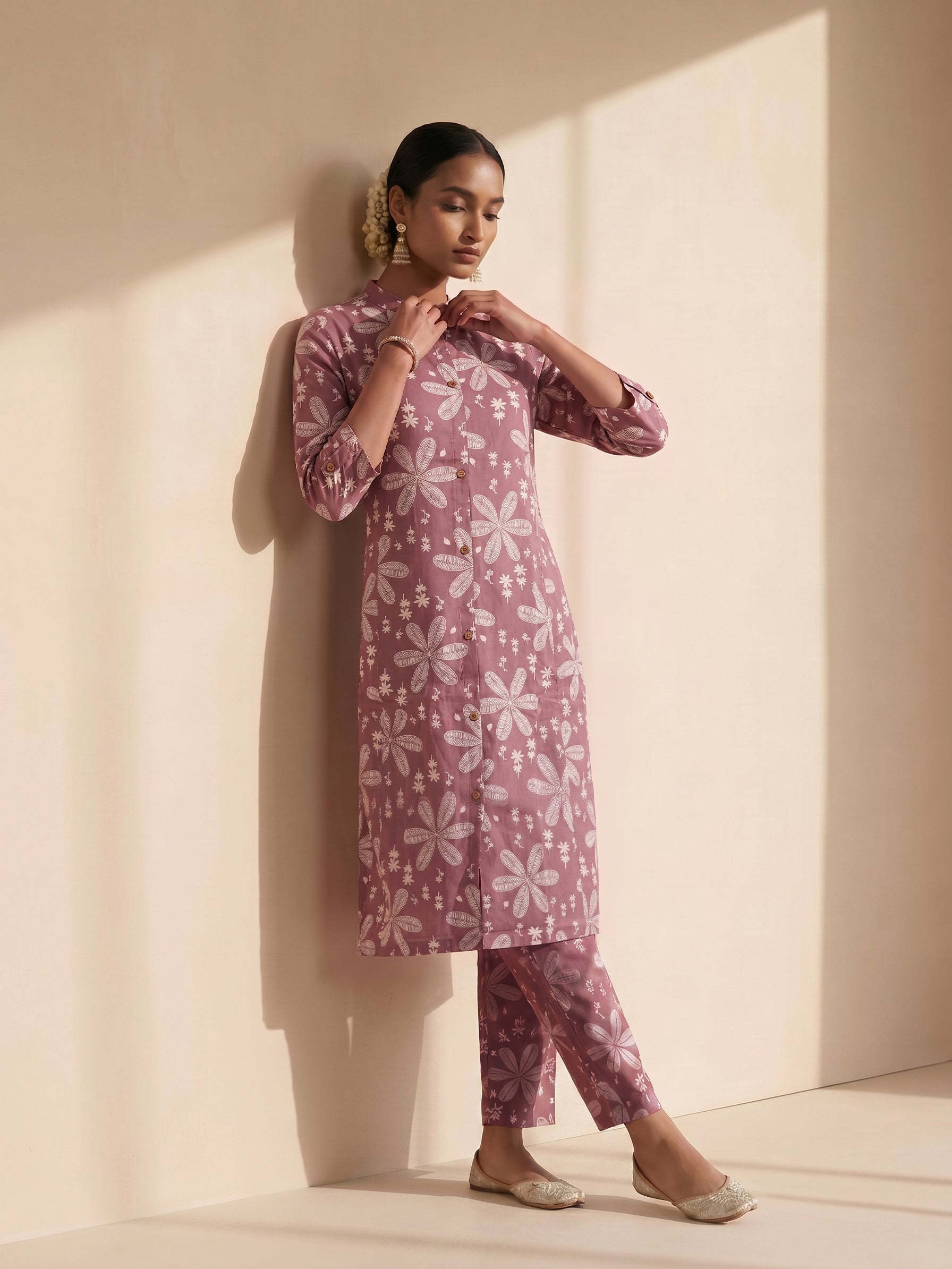 Women's Cotton Pink Regular Fit Printed Kurti Set