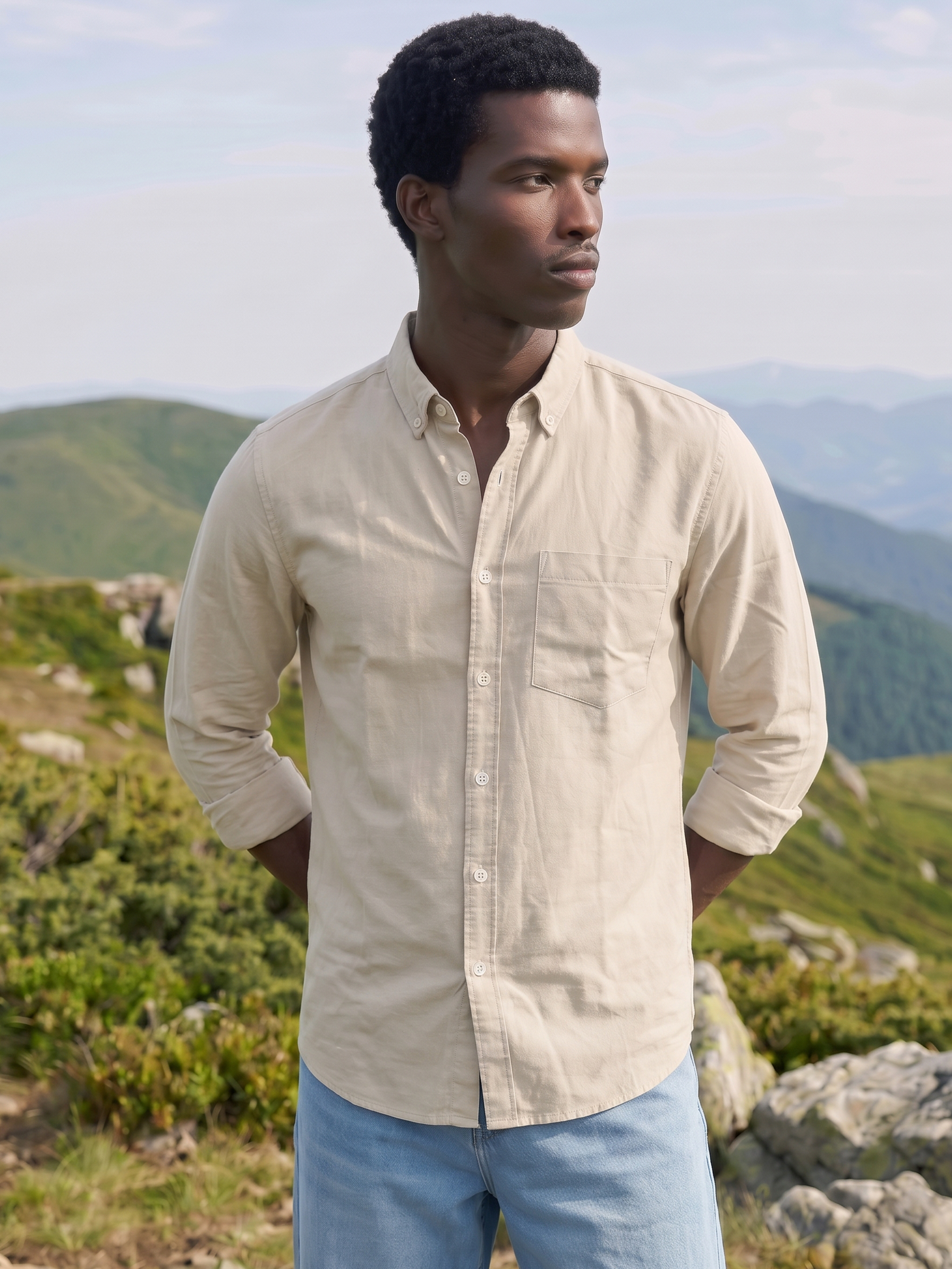 Men's Cotton Twill Off White Relaxed Fit Shirt