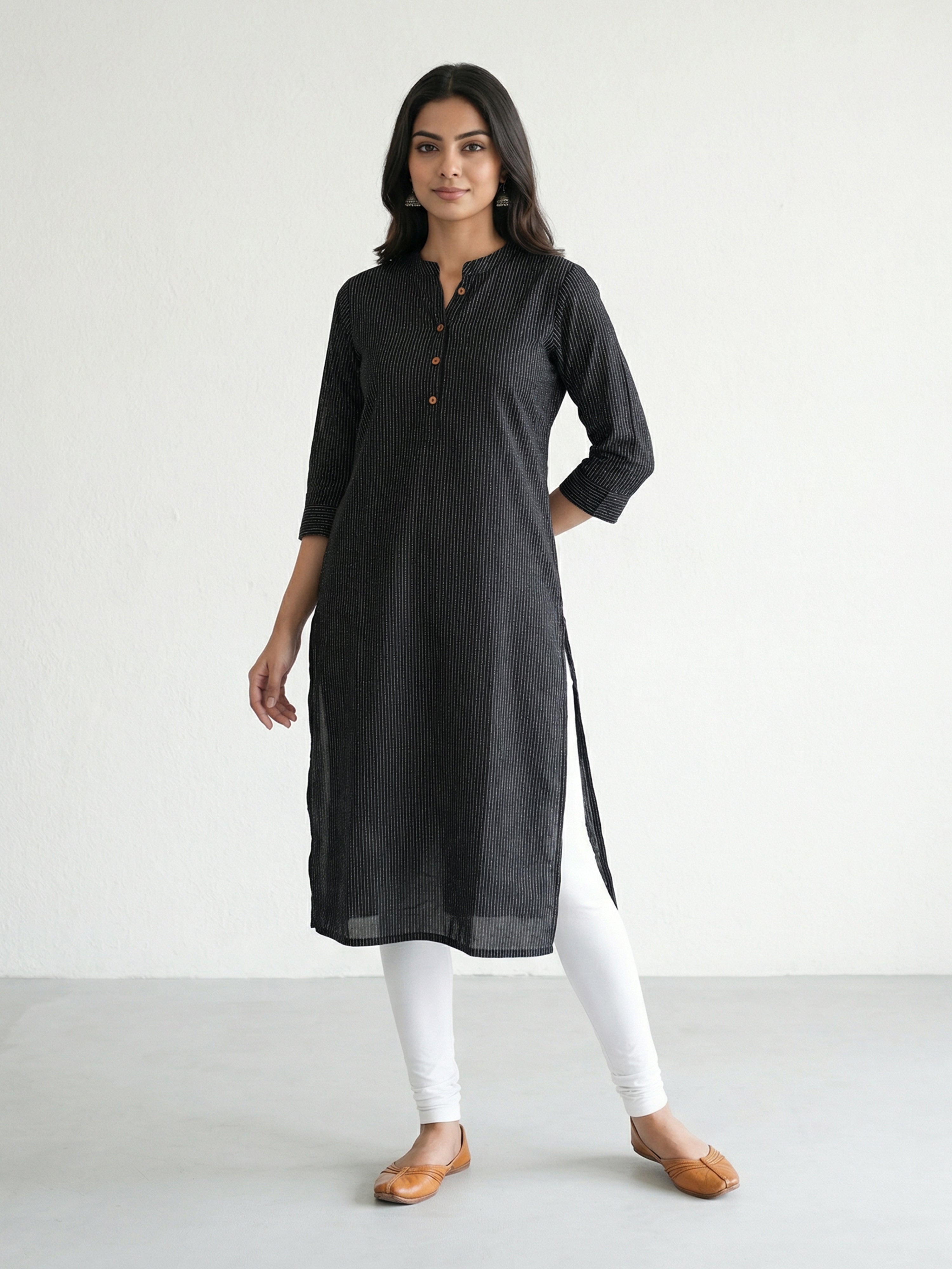Black Cotton Katha Collar Neck 3/4Th Sleeve Kurti For Female