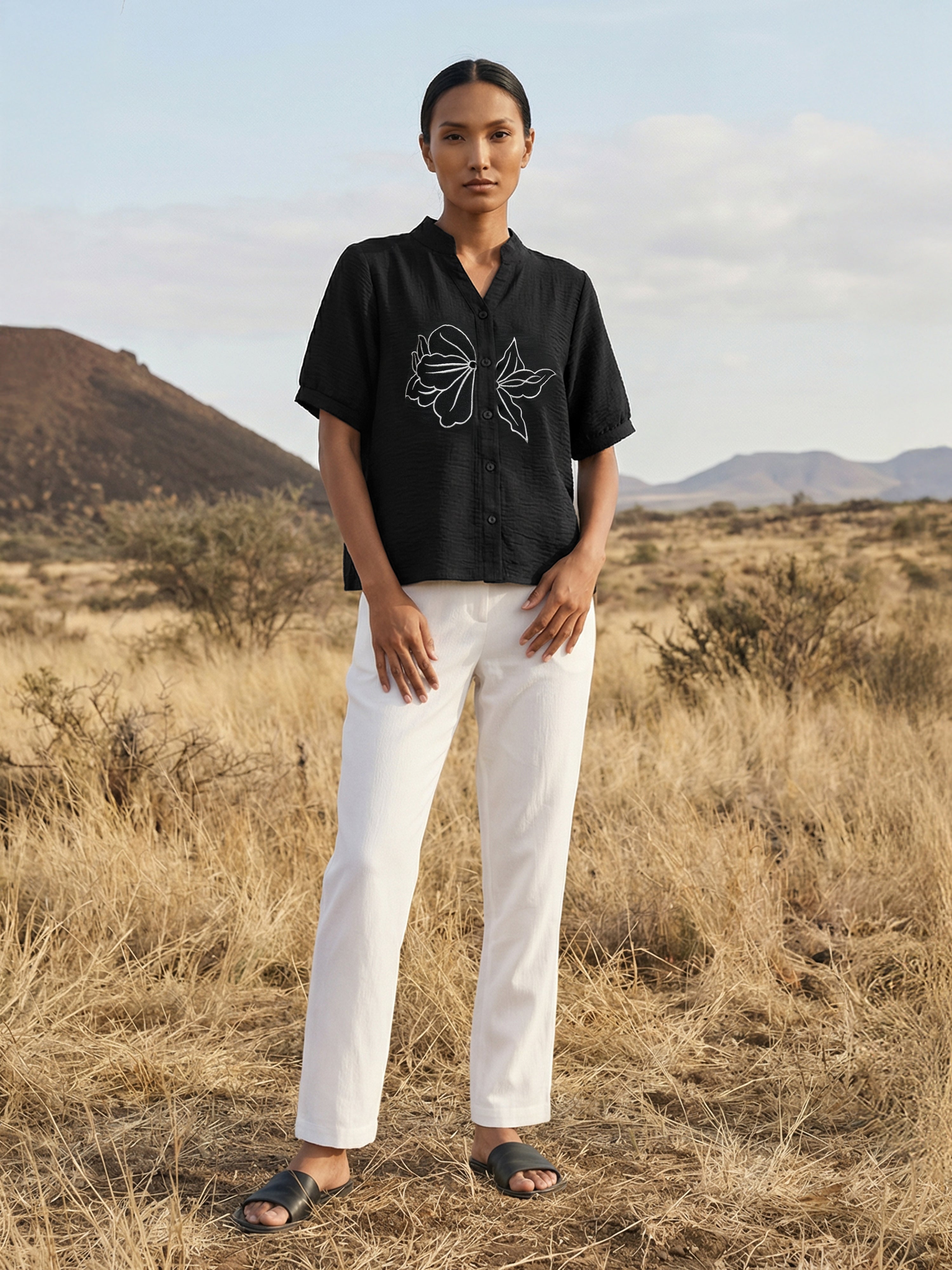 Women's Black Linen Top with Chinese Collar Neck