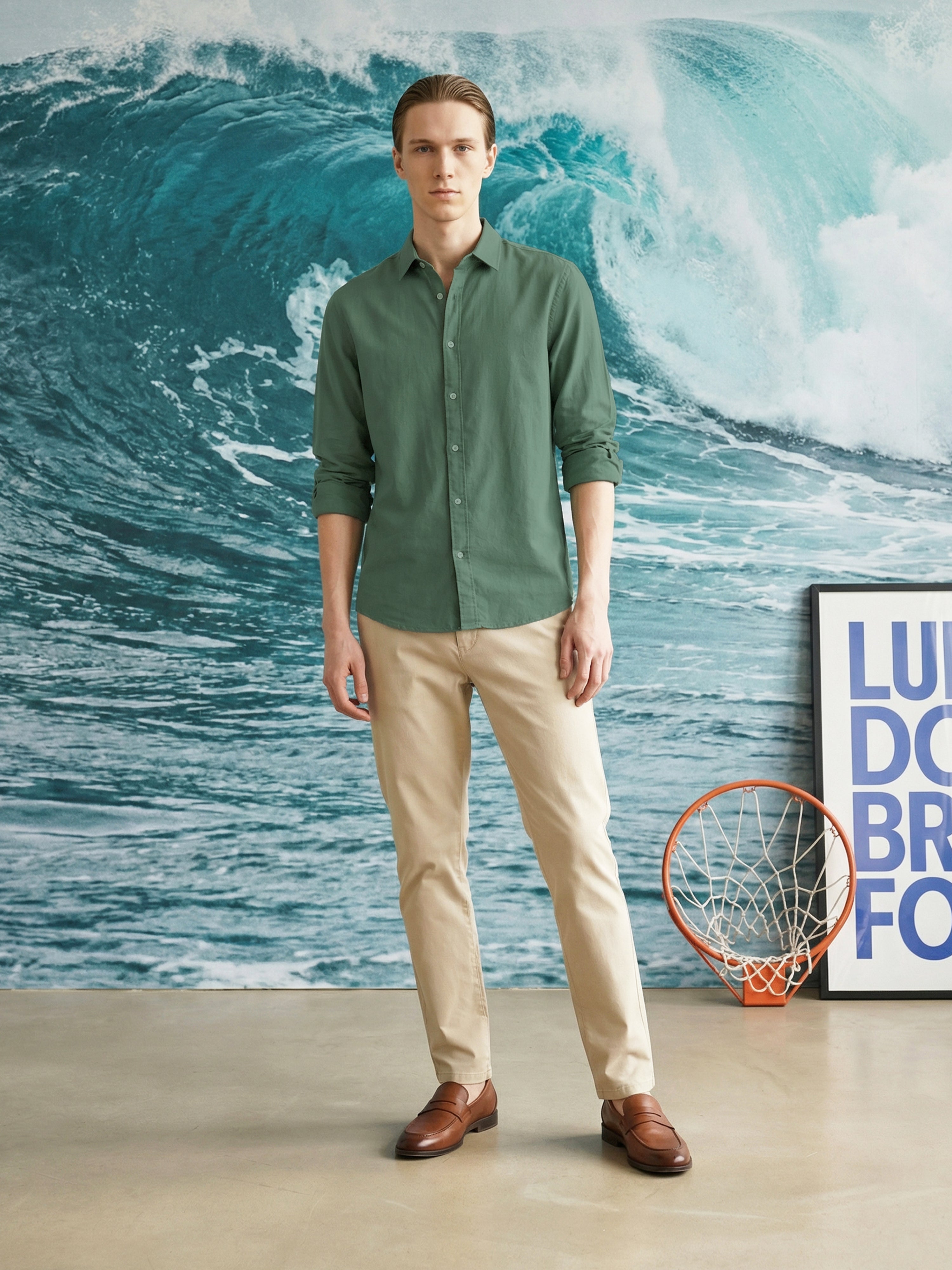 Olive Semi Cotton Cut Away Collar Full Sleeves Mens Shirt