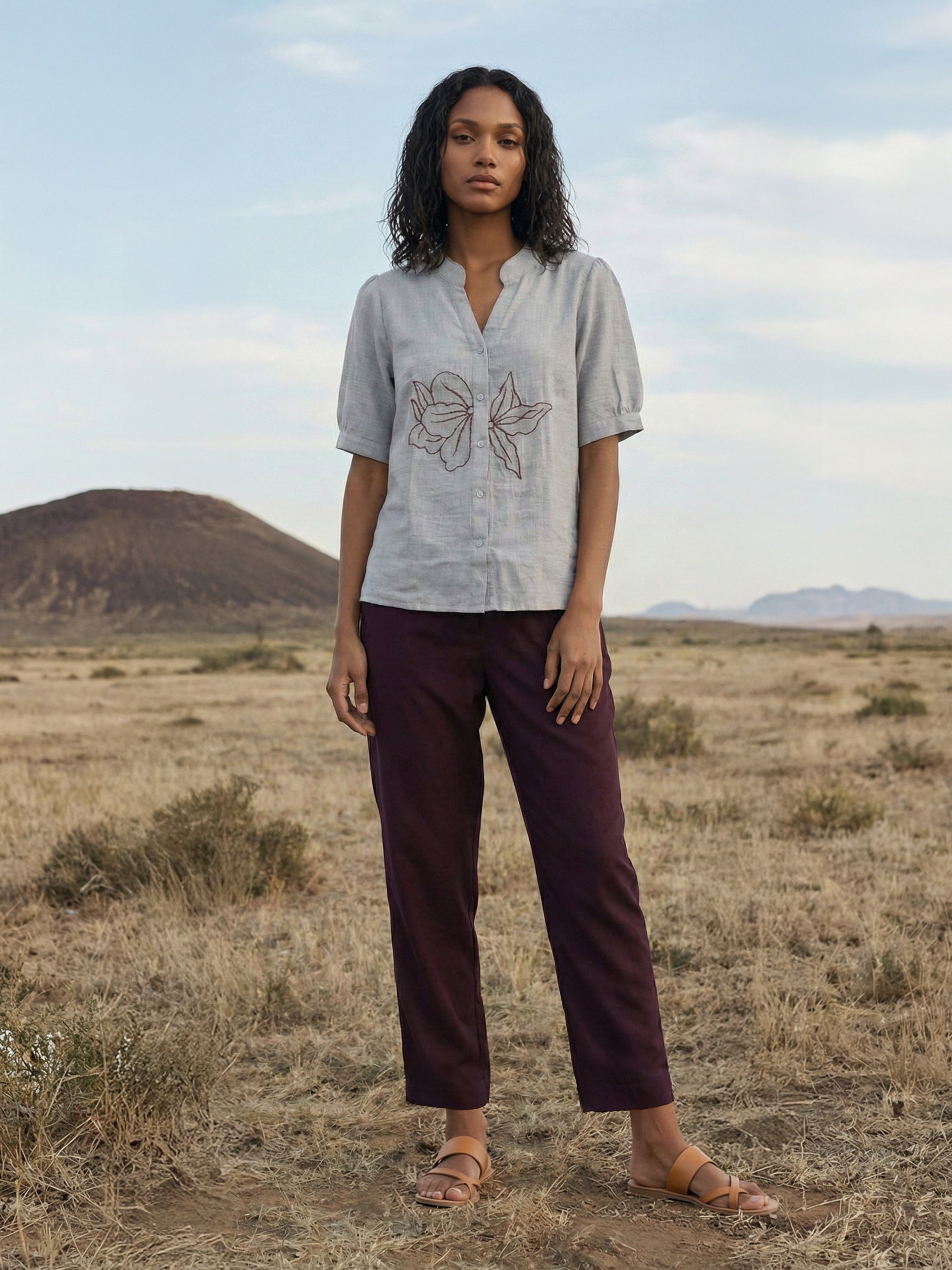 Women's Grey Linen Top with Chinese Collar Neck