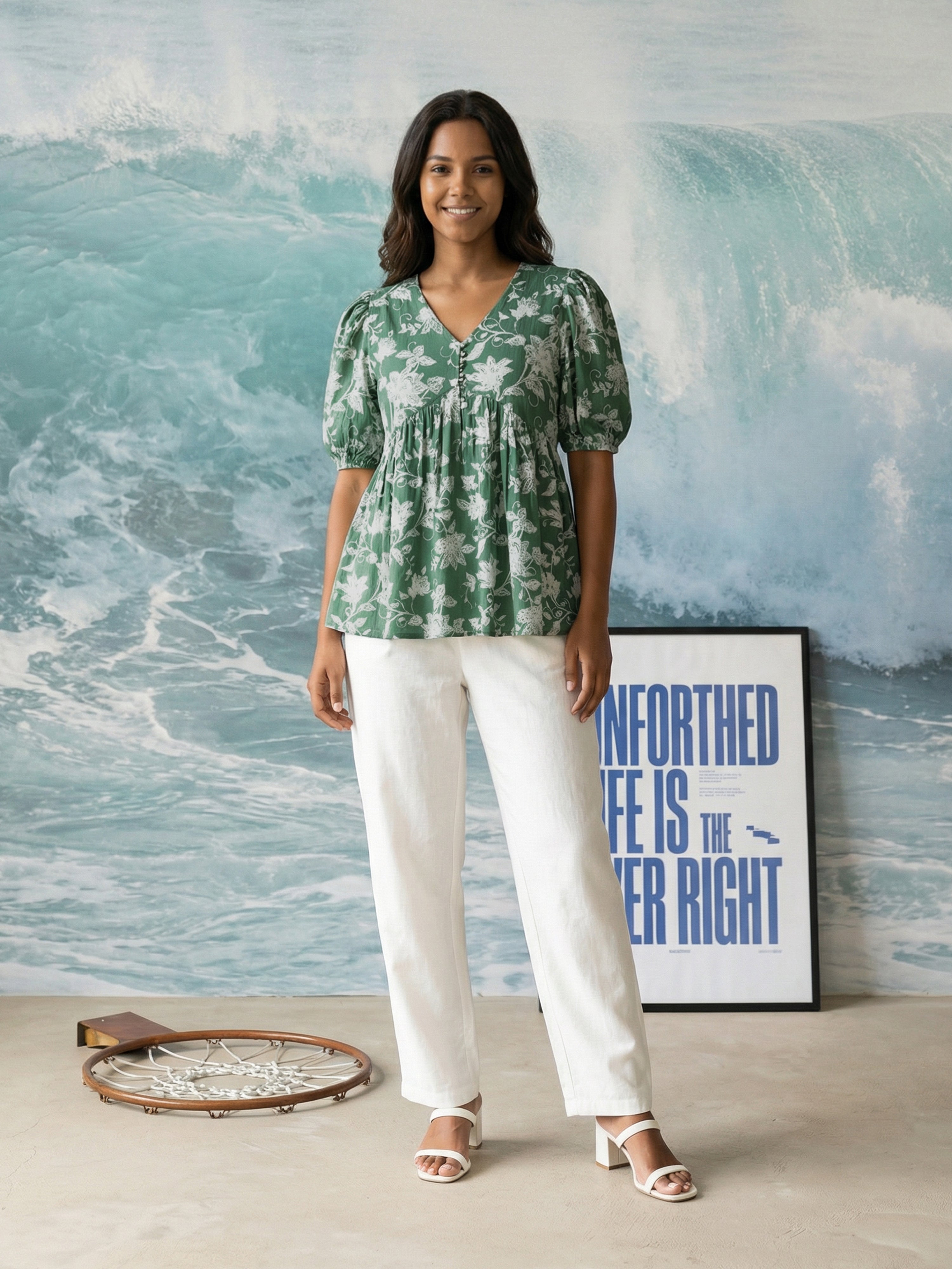 Women's Green Cotton Top with V Neck Neck