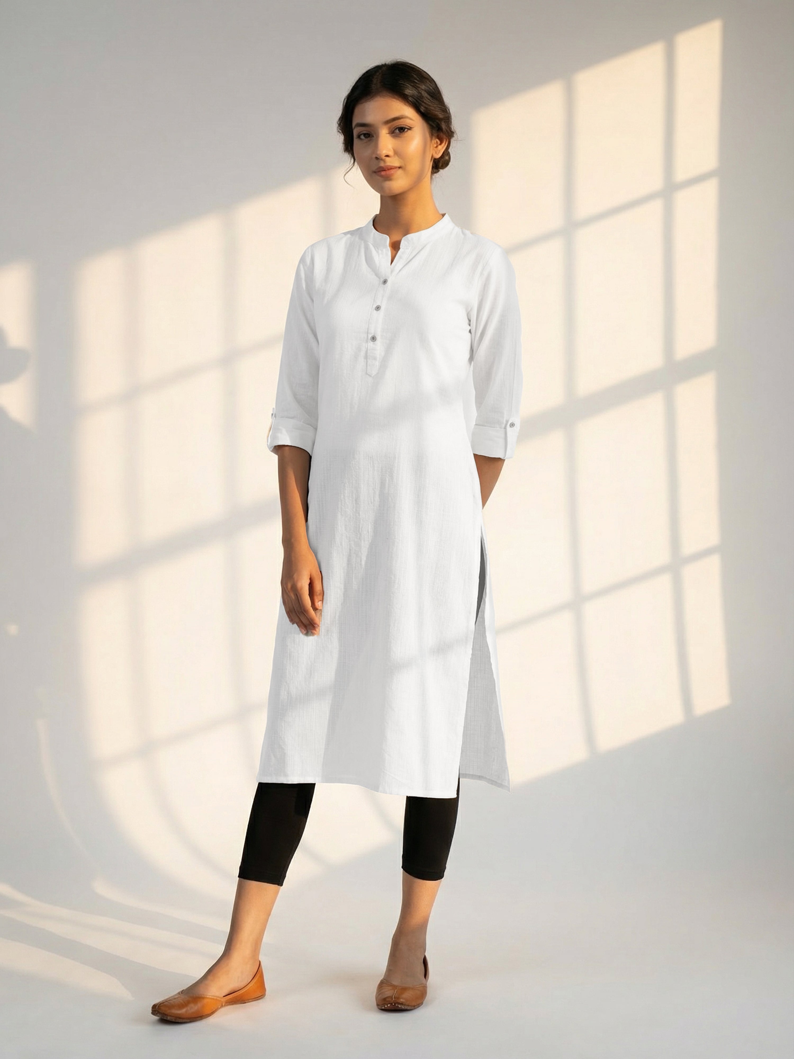White Cotton Katha Collar Neck 3/4Th Sleeve Kurti For Female