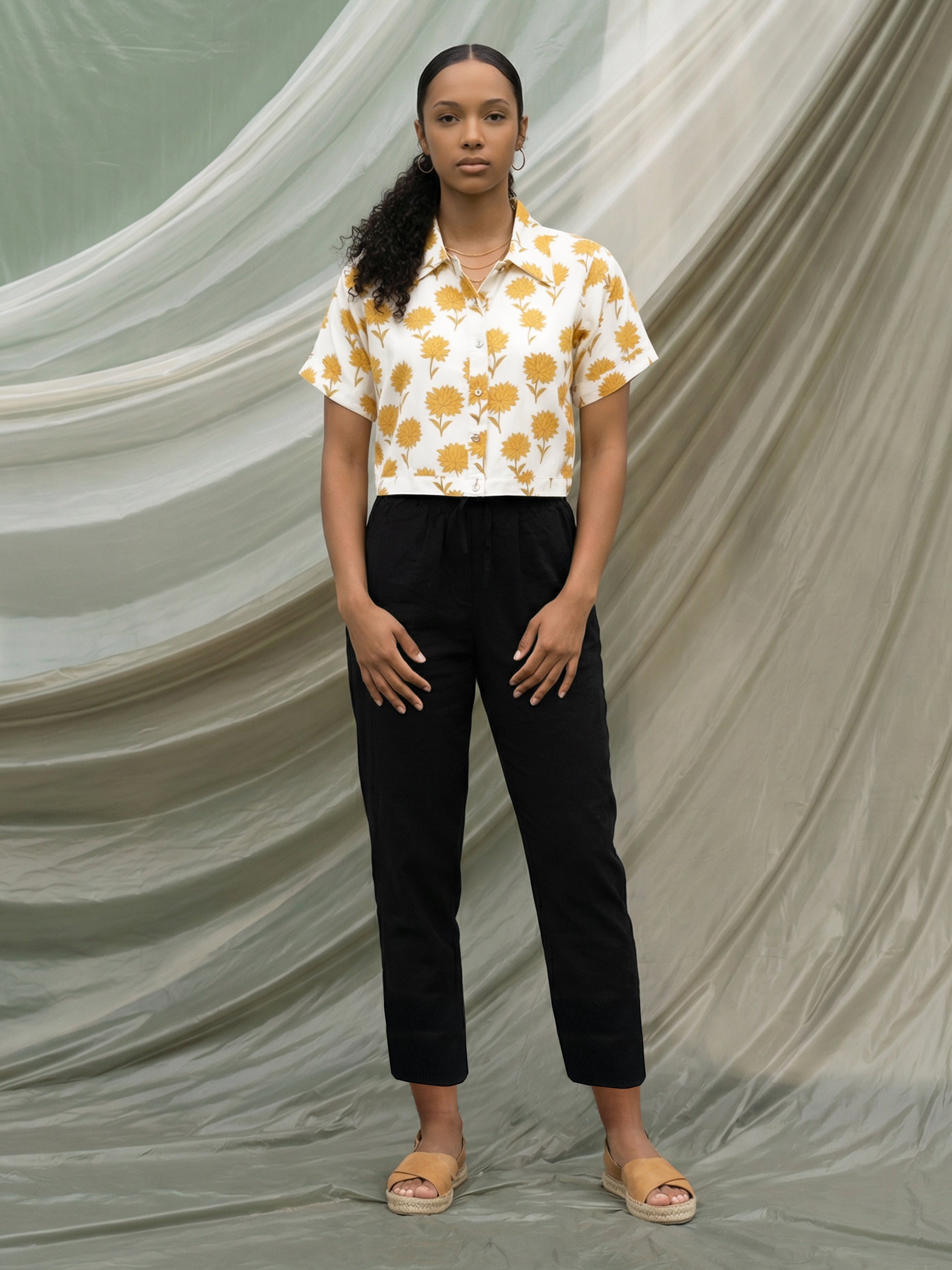 Women's Off White Rayon  Top with Classic Collar Neck