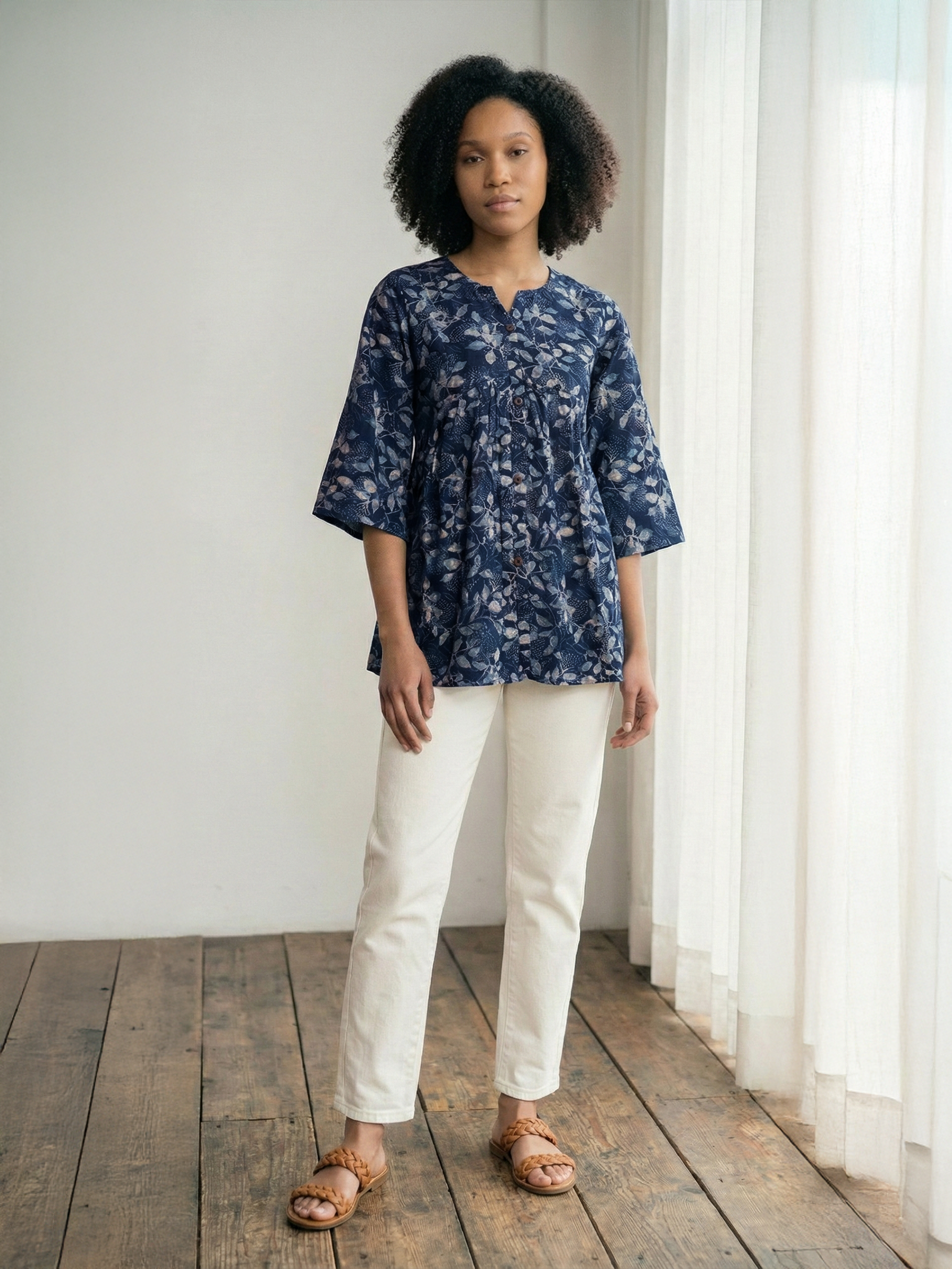 Women's Navy Blue Cotton Top with Round Neck Neck