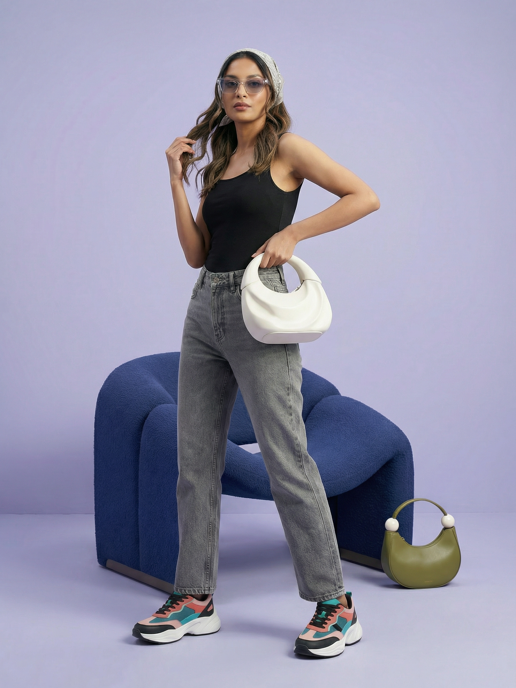 Women’s Straight Fit Knitted Denim Jeans Grey with Elastic Waist
