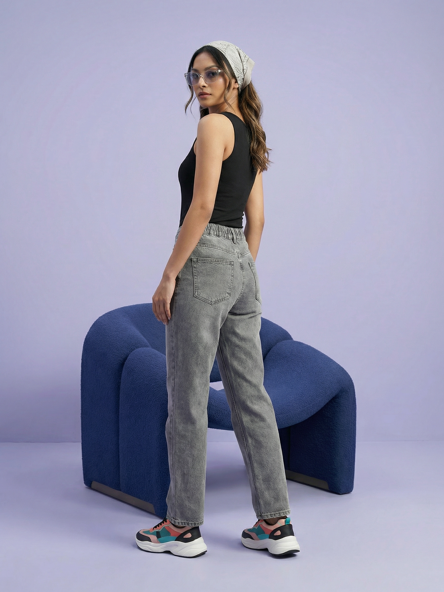 Women’s Straight Fit Knitted Denim Jeans Grey with Elastic Waist