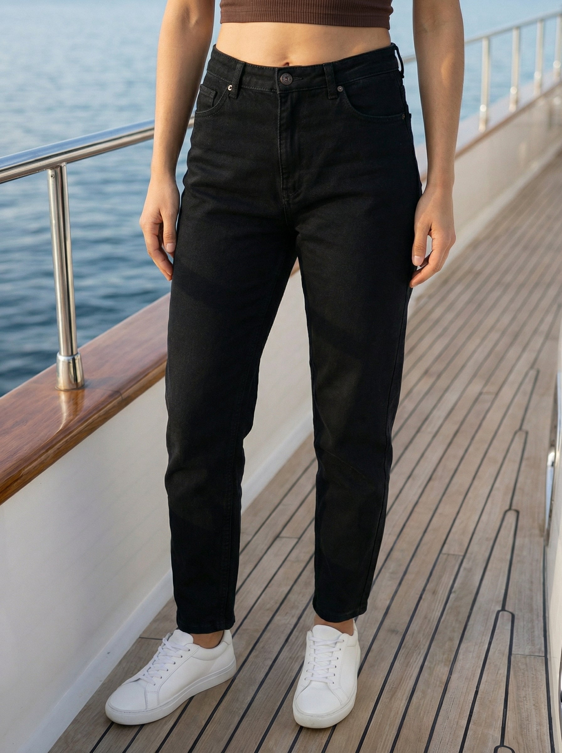 Women’s Black Mom Fit PP Spray Denim Jeans