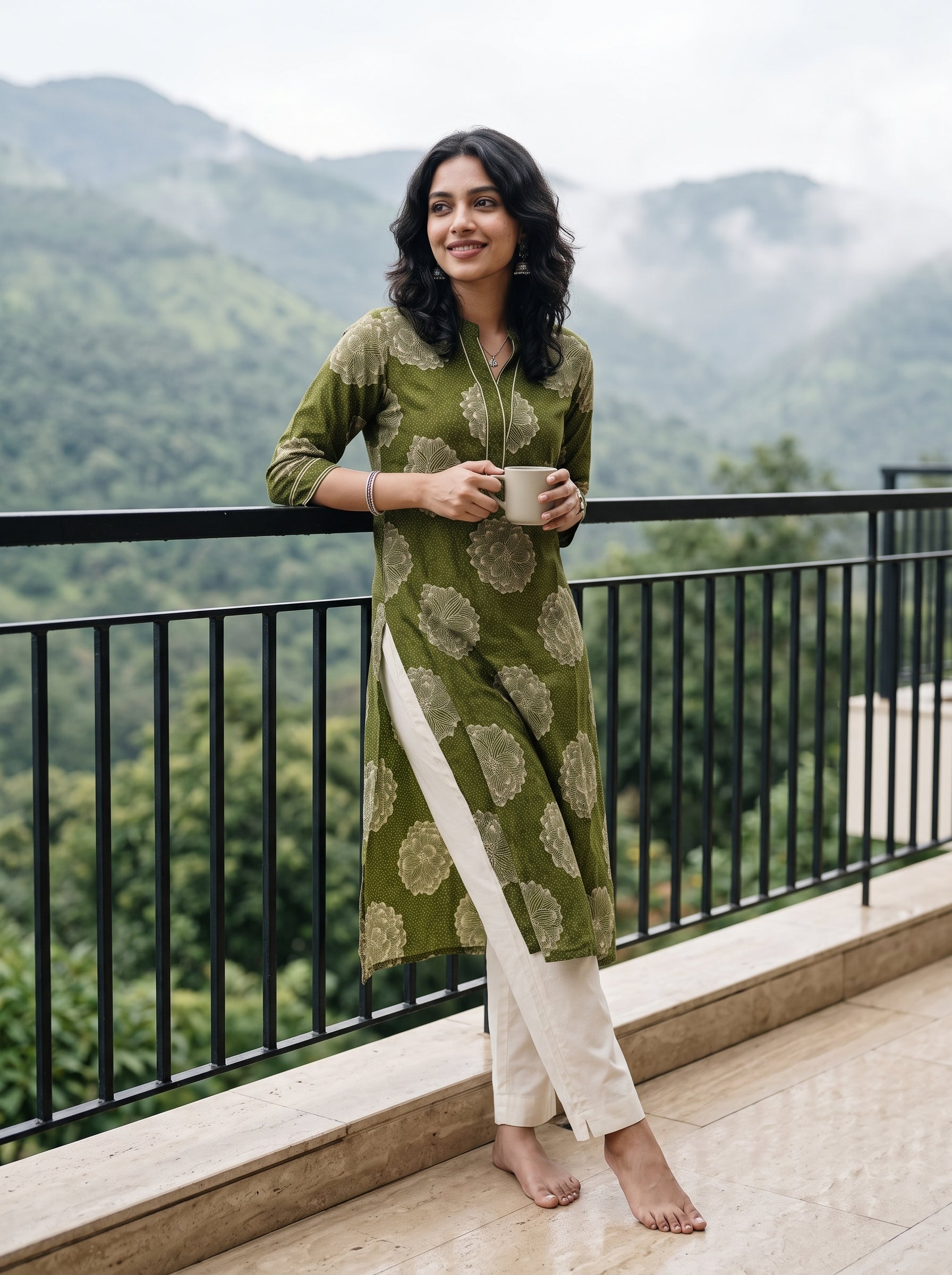 A woman stands barefoot on a balcony with a mountain landscape in the background, wearing an olive green printed kurta with beige floral motifs and off-white pants.