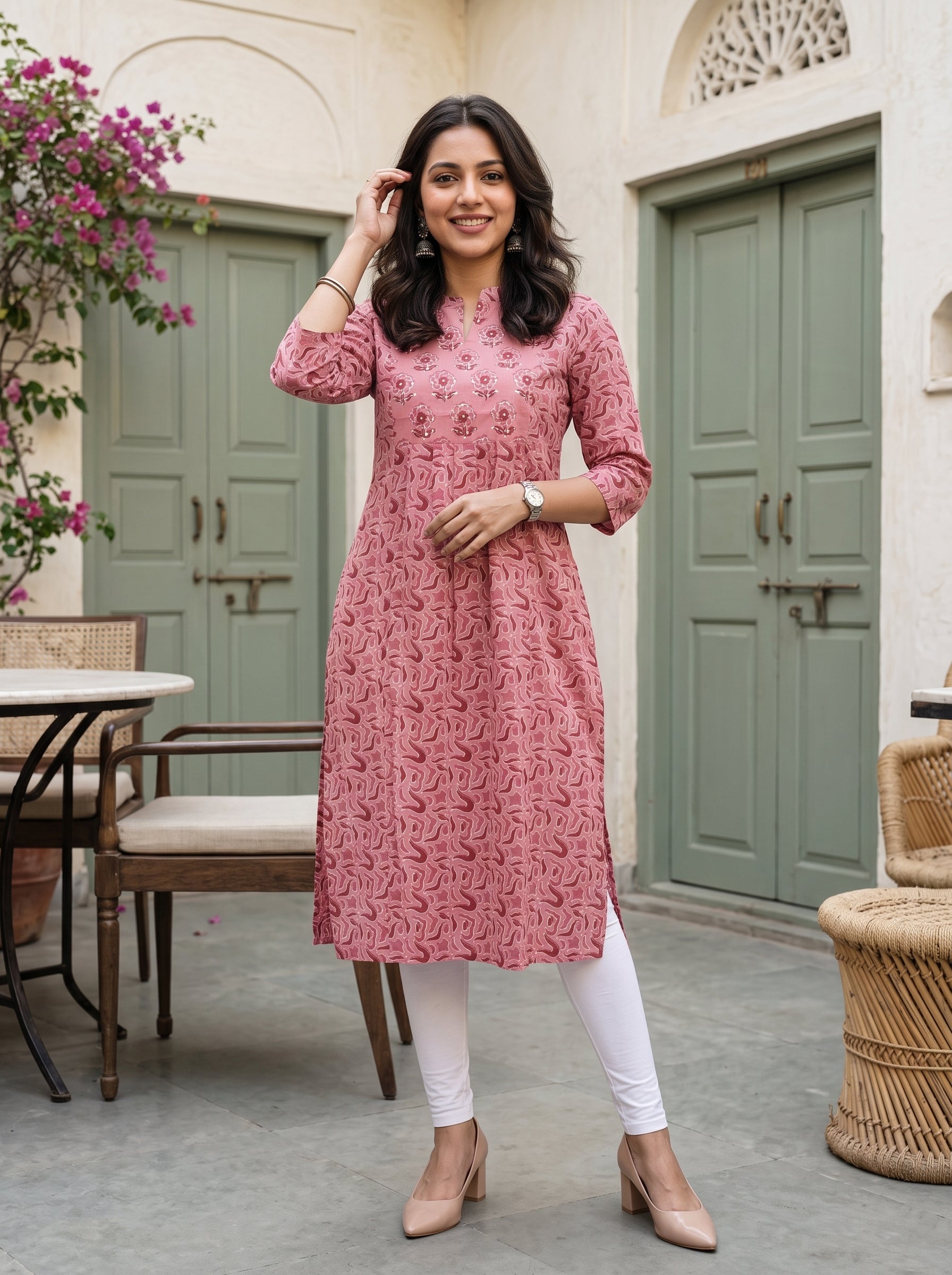 A woman stands in a courtyard wearing a pink patterned tunic dress with three-quarter sleeves, paired with white leggings and beige heels.