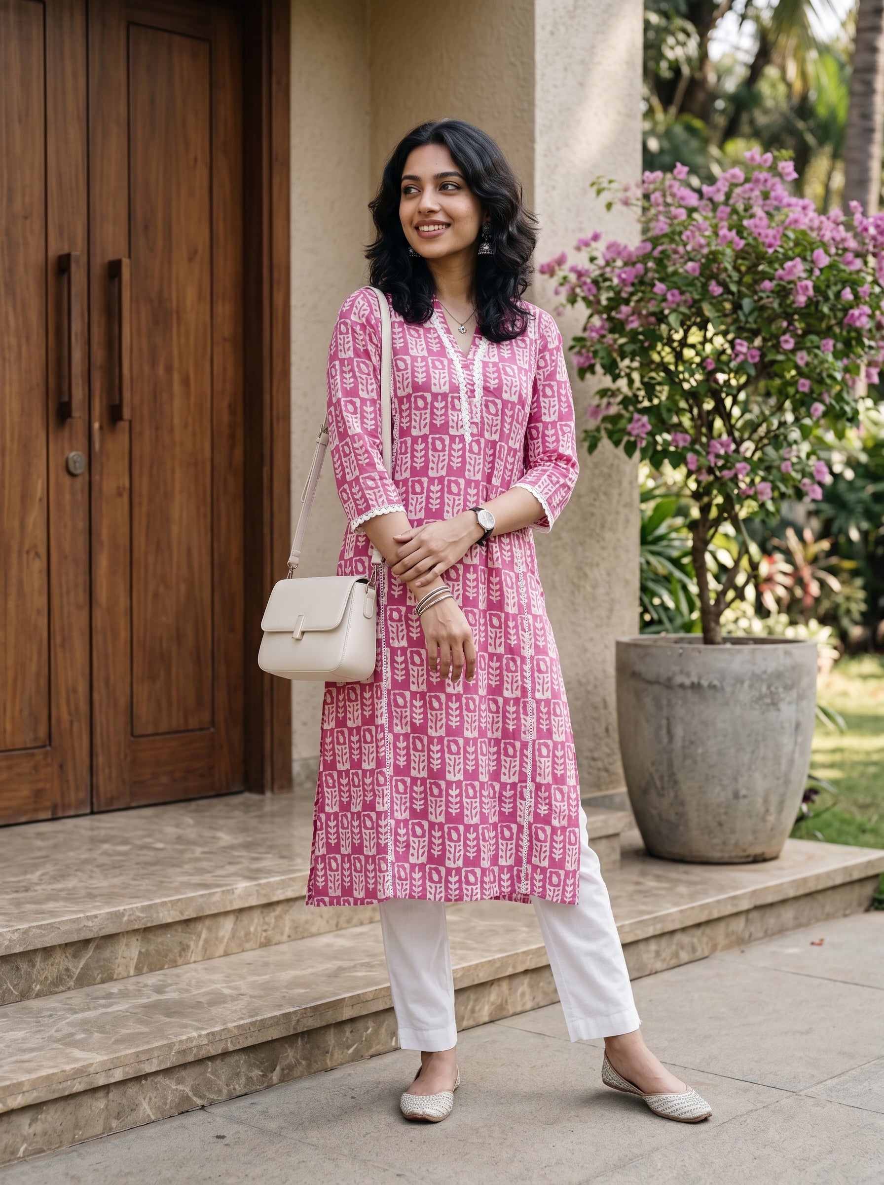 Women's Cotton Pink Regular Fit Kurti