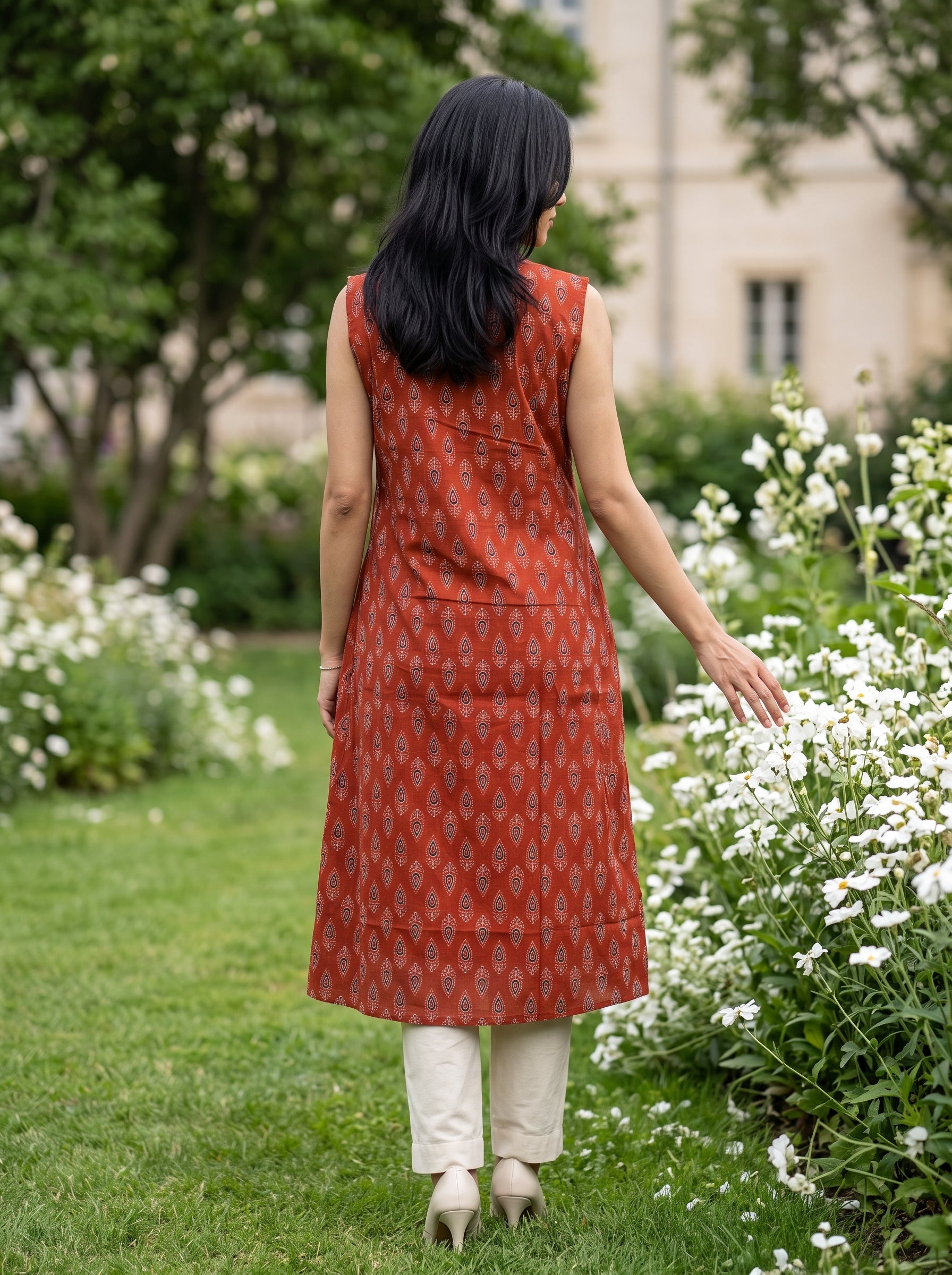 A woman viewed from behind wearing a sleeveless rust-red patterned tunic dress with cream pants, standing in a garden with white flowers and green grass.