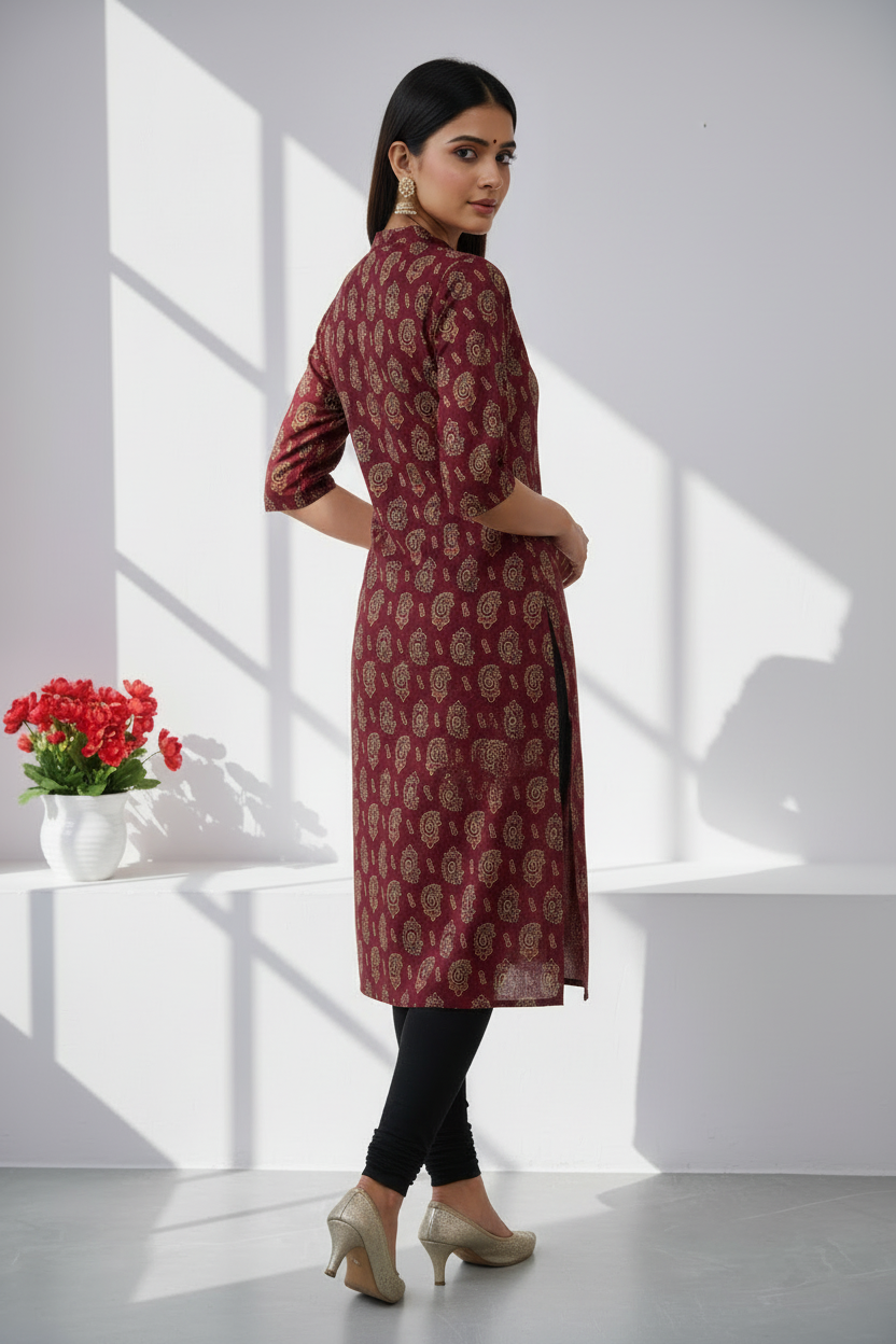 Maroon Ajrakh Fusion A-Line Kurti