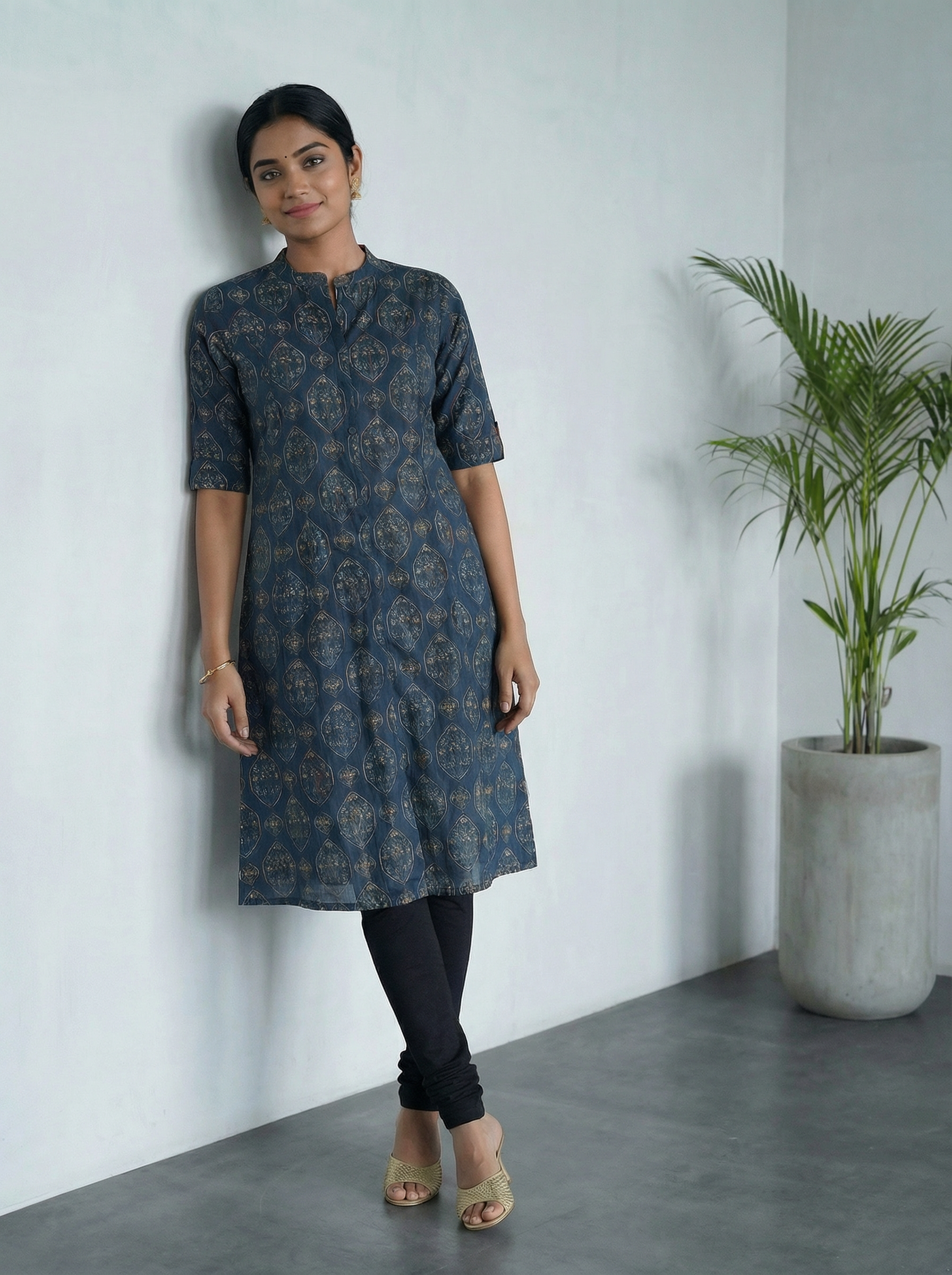 Blue Cotton A-Line Kurti with Mandarin Collar
