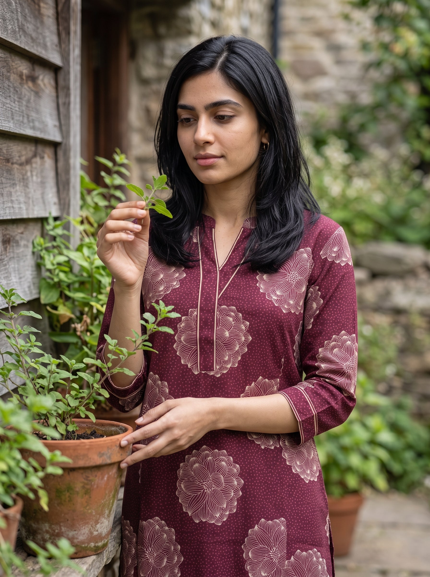 A woman wearing a maroon and dusty rose printed kurta stands in front of a rustic stone wall and potted plants, holding a small green leaf.