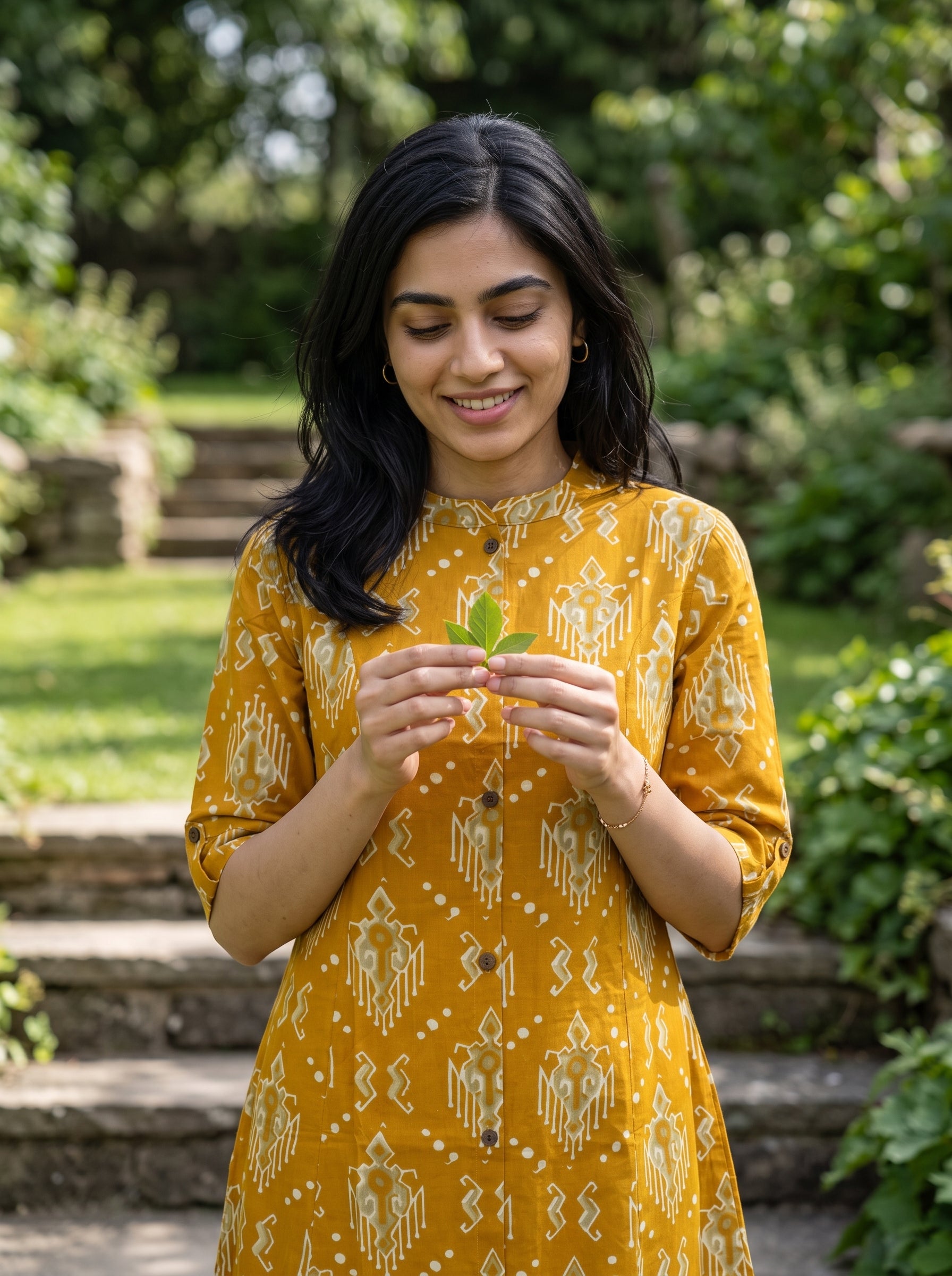 A woman with long black hair stands outdoors in a garden wearing a mustard yellow tunic with a white geometric pattern. She is holding a small green leaf in front of her chest.