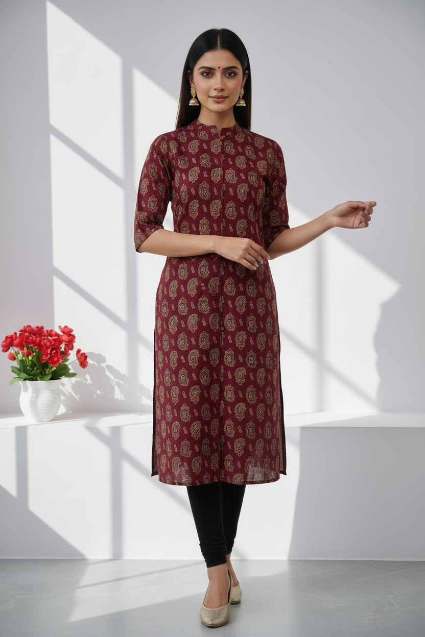 Maroon Ajrakh Fusion A-Line Kurti