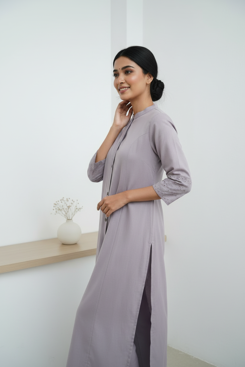 Light Purple Flex Cotton A-Line Kurti with Mandarin Collar