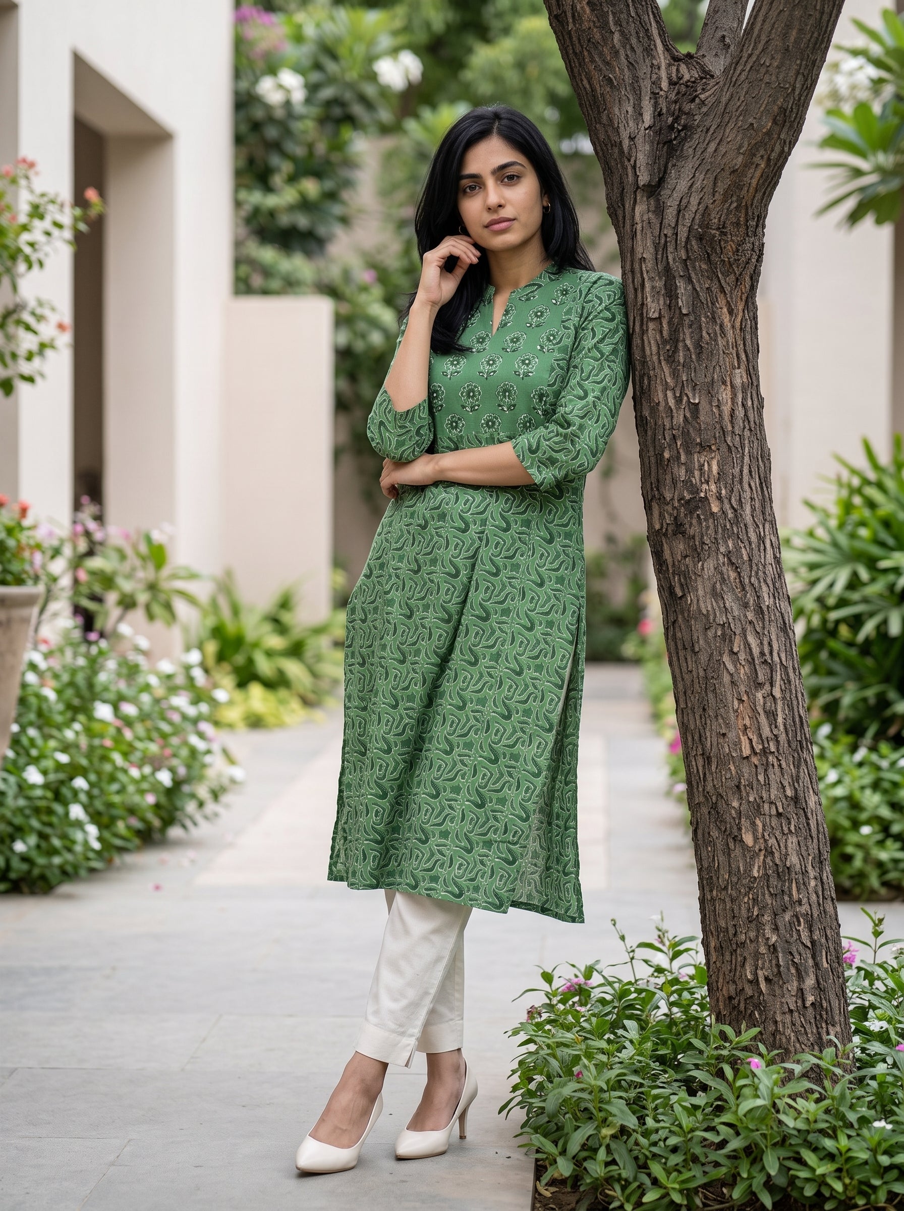 A woman wearing a green embroidered kurta with white pants and white heels, standing outdoors next to a tree in a garden setting.