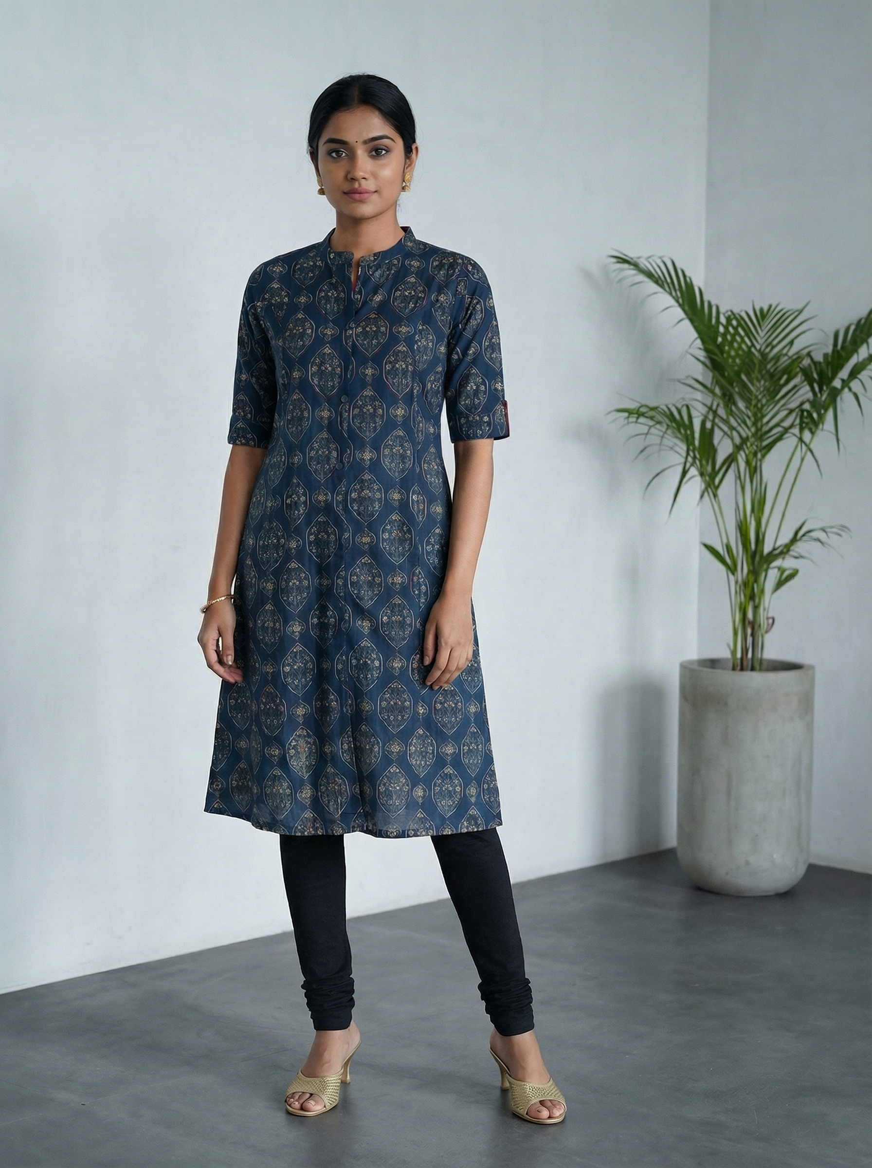 Blue Cotton A-Line Kurti with Mandarin Collar