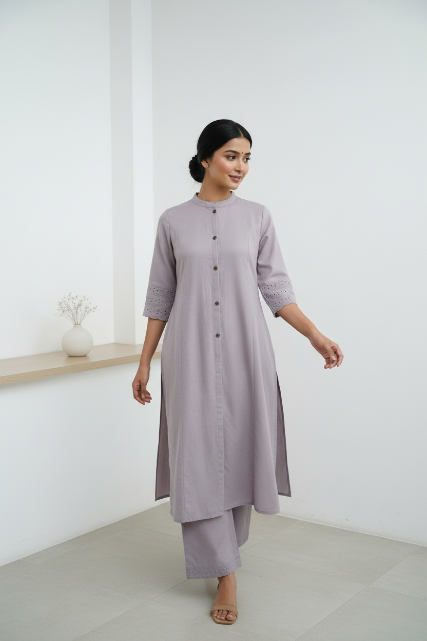 Light Purple Flex Cotton A-Line Kurti with Mandarin Collar