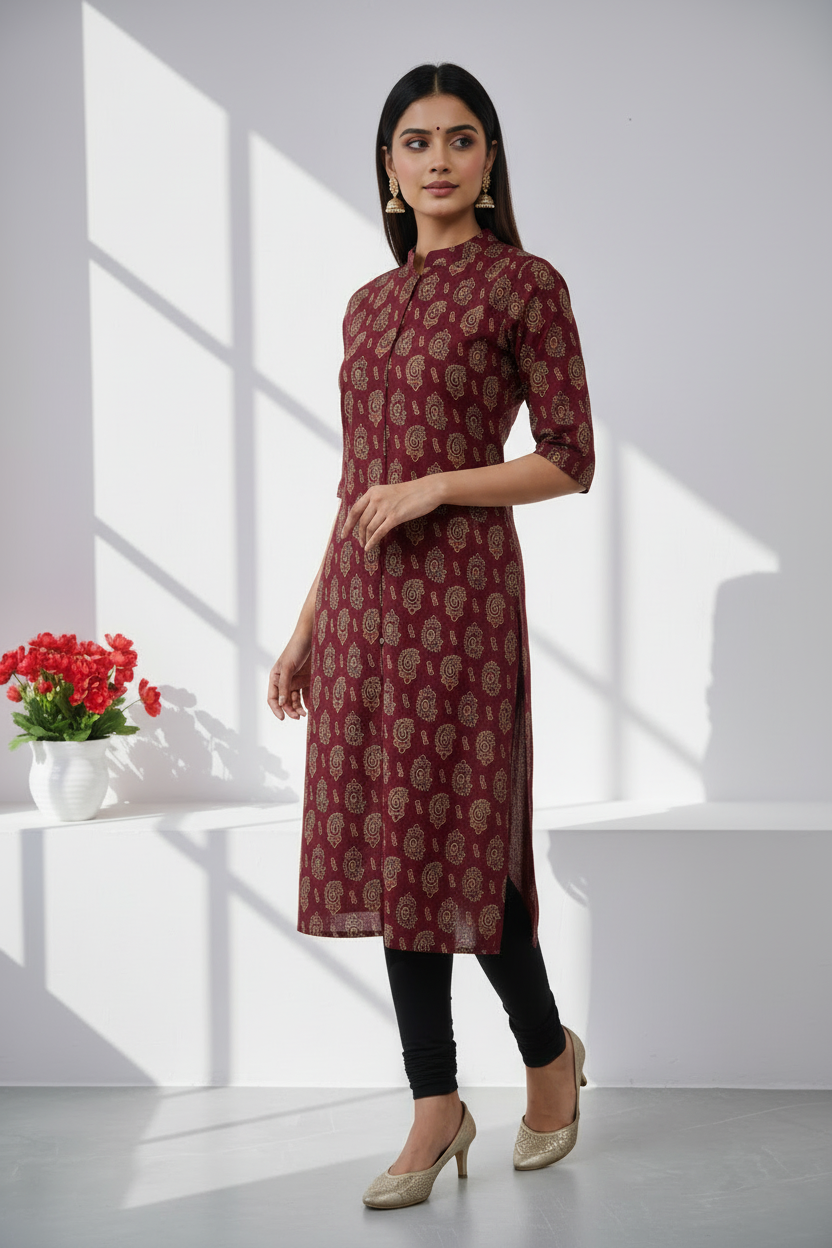 Maroon Ajrakh Fusion A-Line Kurti