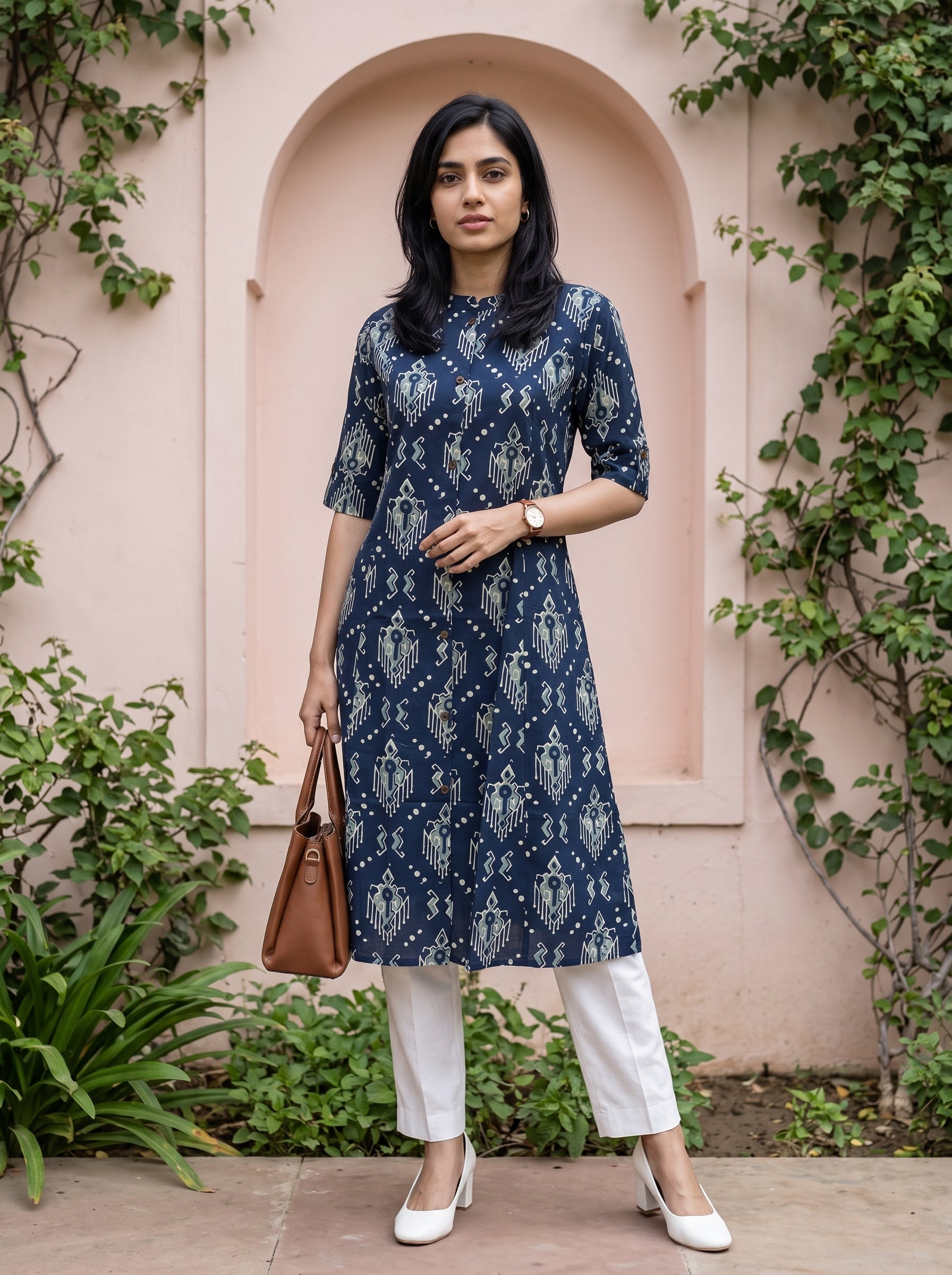 A woman stands outdoors in front of a pink arched wall with green vines, wearing a navy blue knee-length kurta with a white geometric pattern, white cropped pants, white heels, and holding a brown handbag.