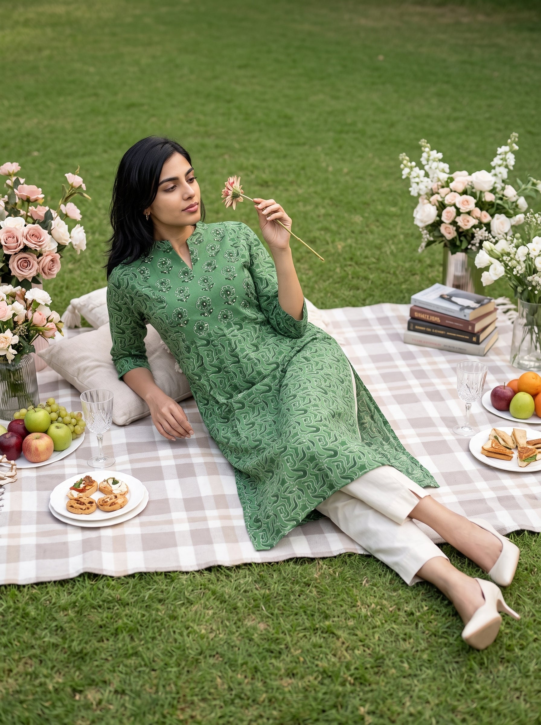 A woman reclines on a white and beige checkered blanket on a green lawn, wearing a green embroidered kurta and white pants. The scene is styled as an outdoor picnic with plates of fruit and pastries, flowers, and books.