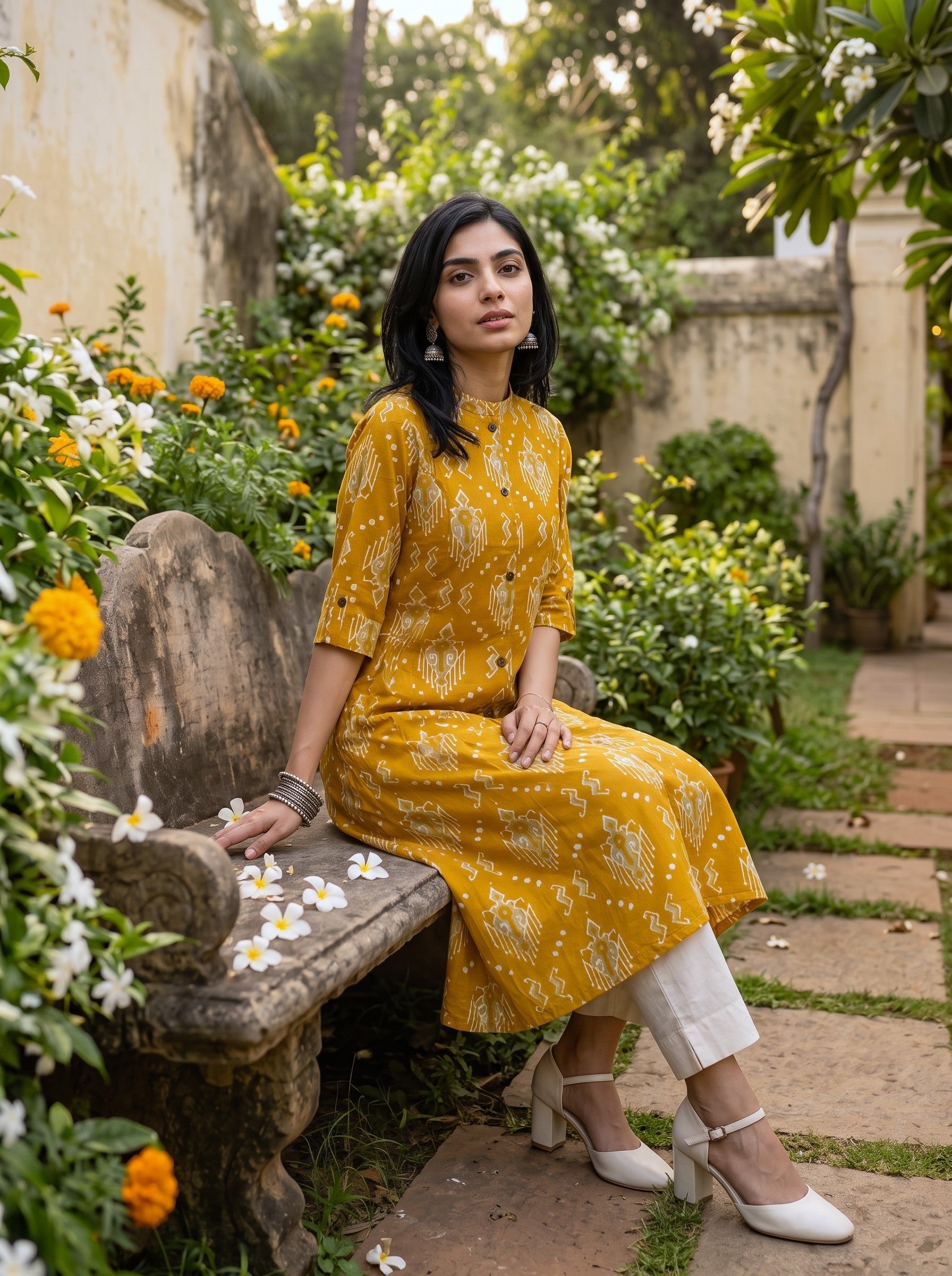 A woman wearing a mustard yellow printed kurta with white pants sits on a stone bench in a lush garden setting.