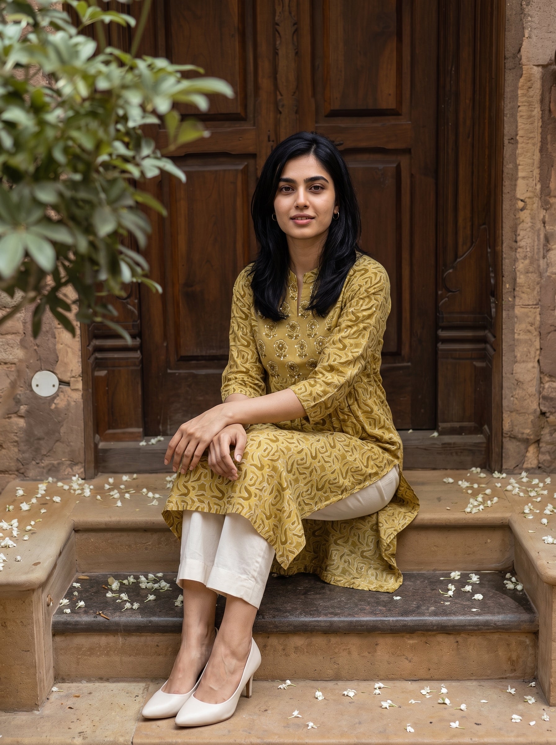 A woman sits on stone steps in front of a dark wooden door, wearing a mustard yellow patterned kurta with white pants and white heels.