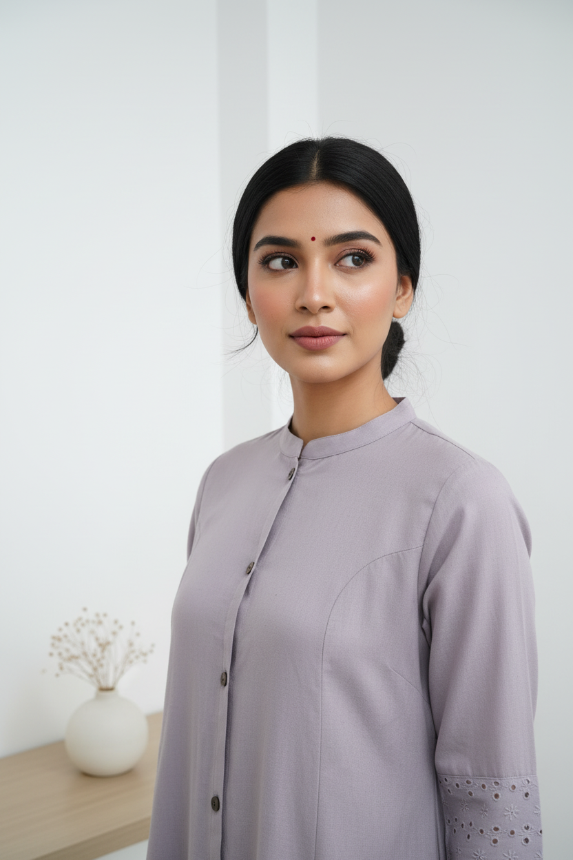 Light Purple Flex Cotton A-Line Kurti with Mandarin Collar