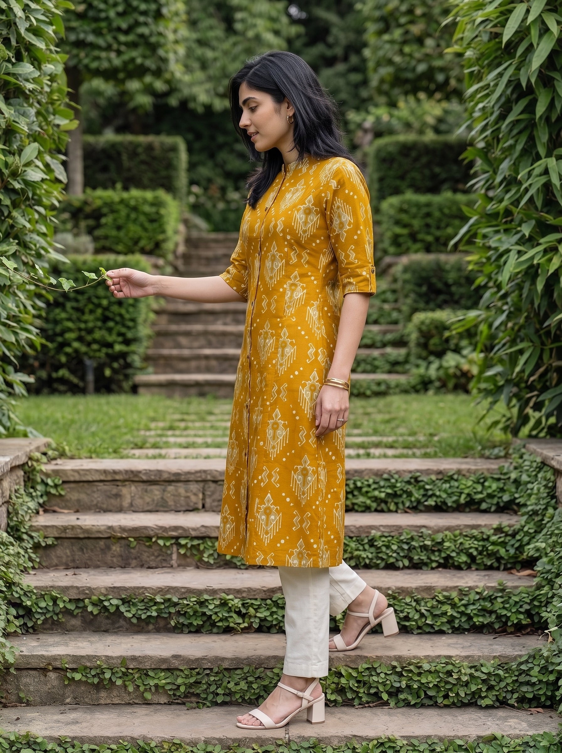 A woman wearing a mustard yellow printed kurta and white pants walks down stone garden steps surrounded by green foliage.