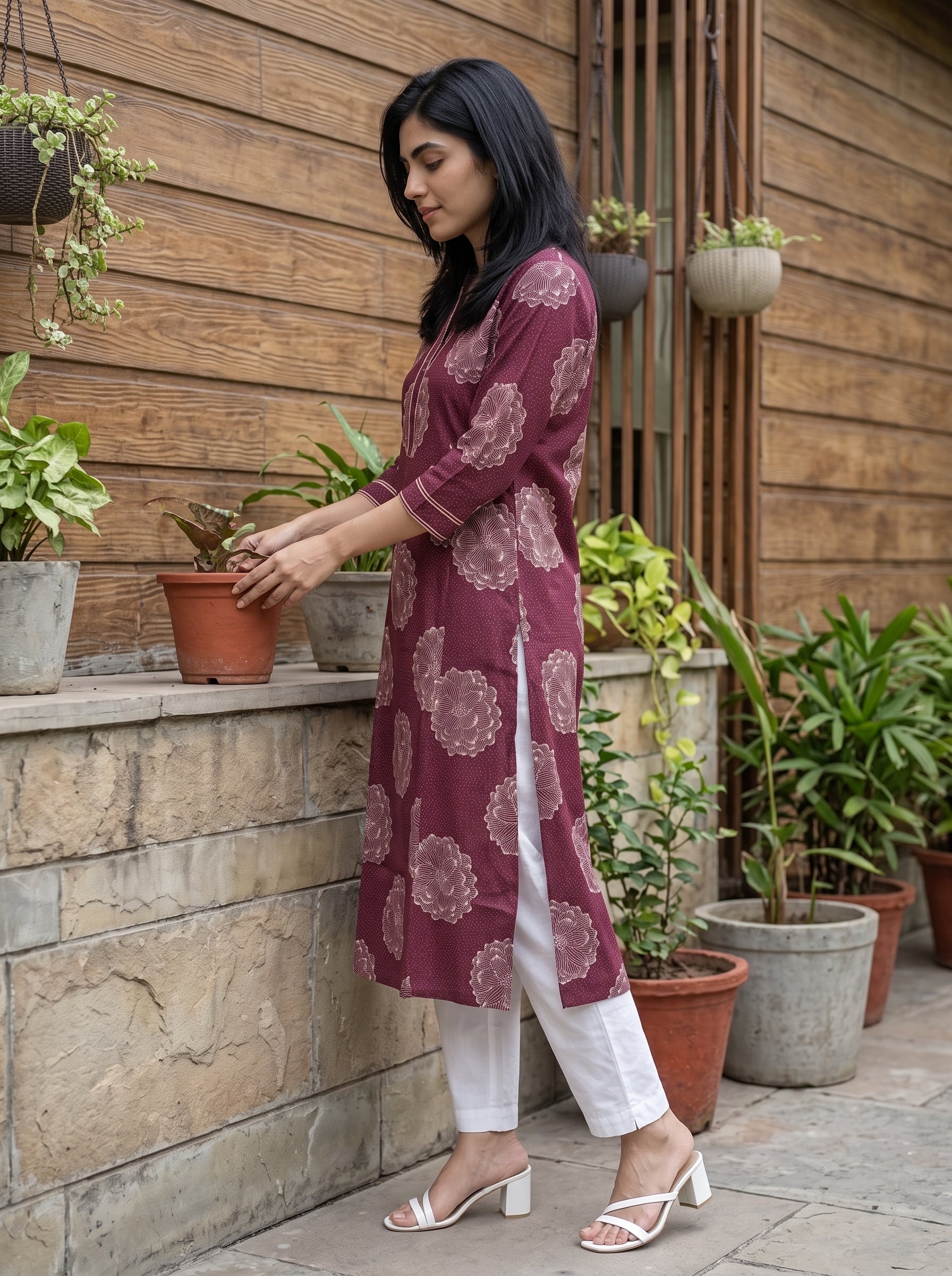 A woman wearing a maroon printed kurta with white pants and white block-heel sandals, standing in front of a wooden wall and potted plants.