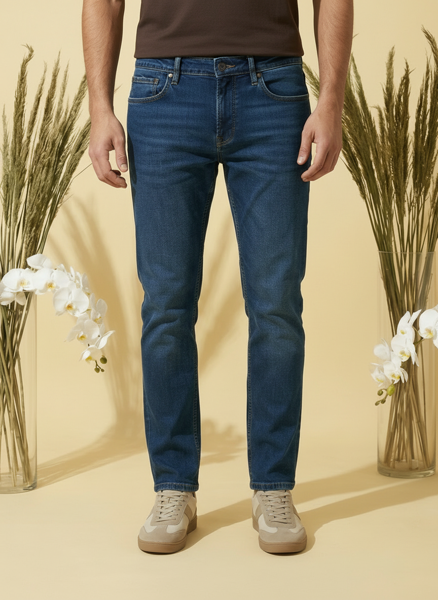 Men’s Dark Blue PP Spray Cropped Jeans Cotton Blend Stretch Denim