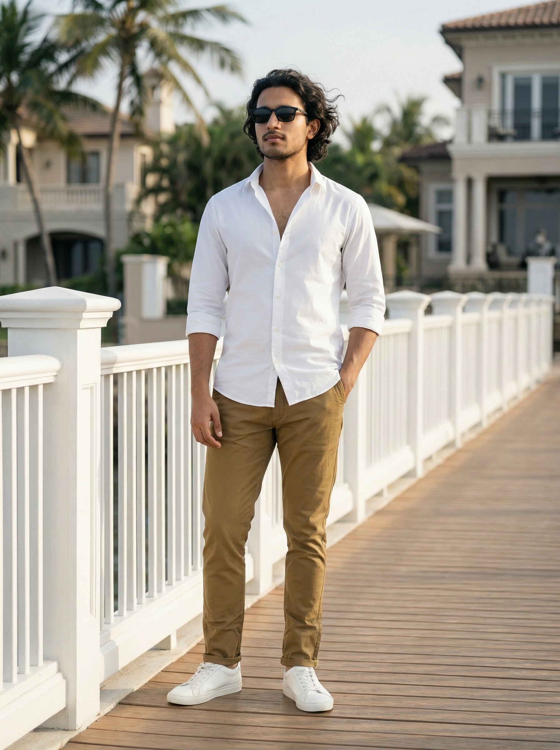 Men’s Regular Fit Cotton Twill Chinos Khaki with Contrast Piping