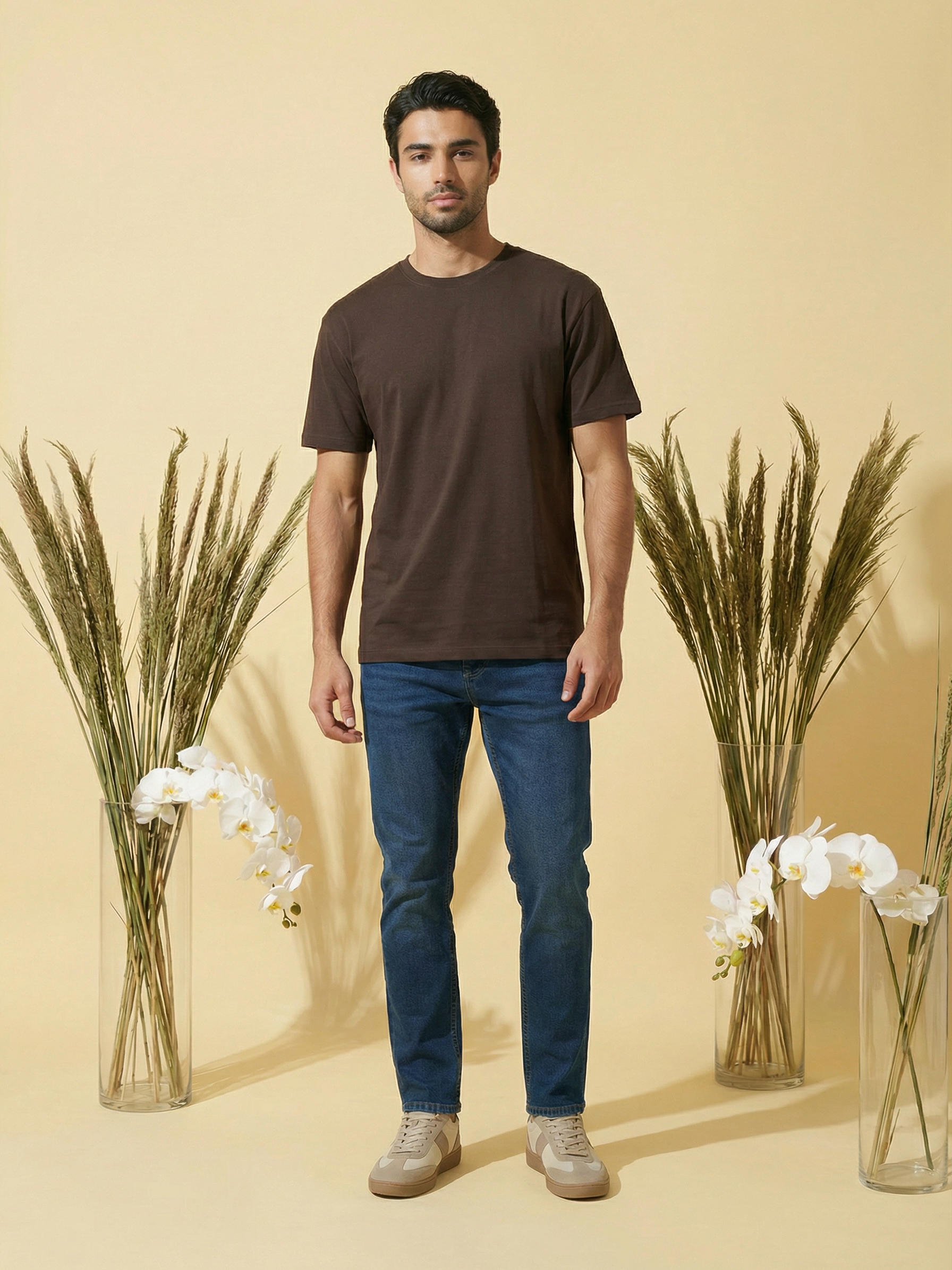 Men’s Dark Blue PP Spray Cropped Jeans Cotton Blend Stretch Denim