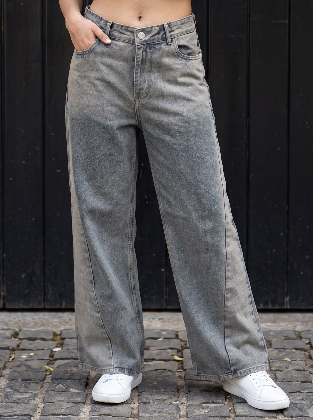 Women's Denim Blue Color Wide Leg Fit  Jeans